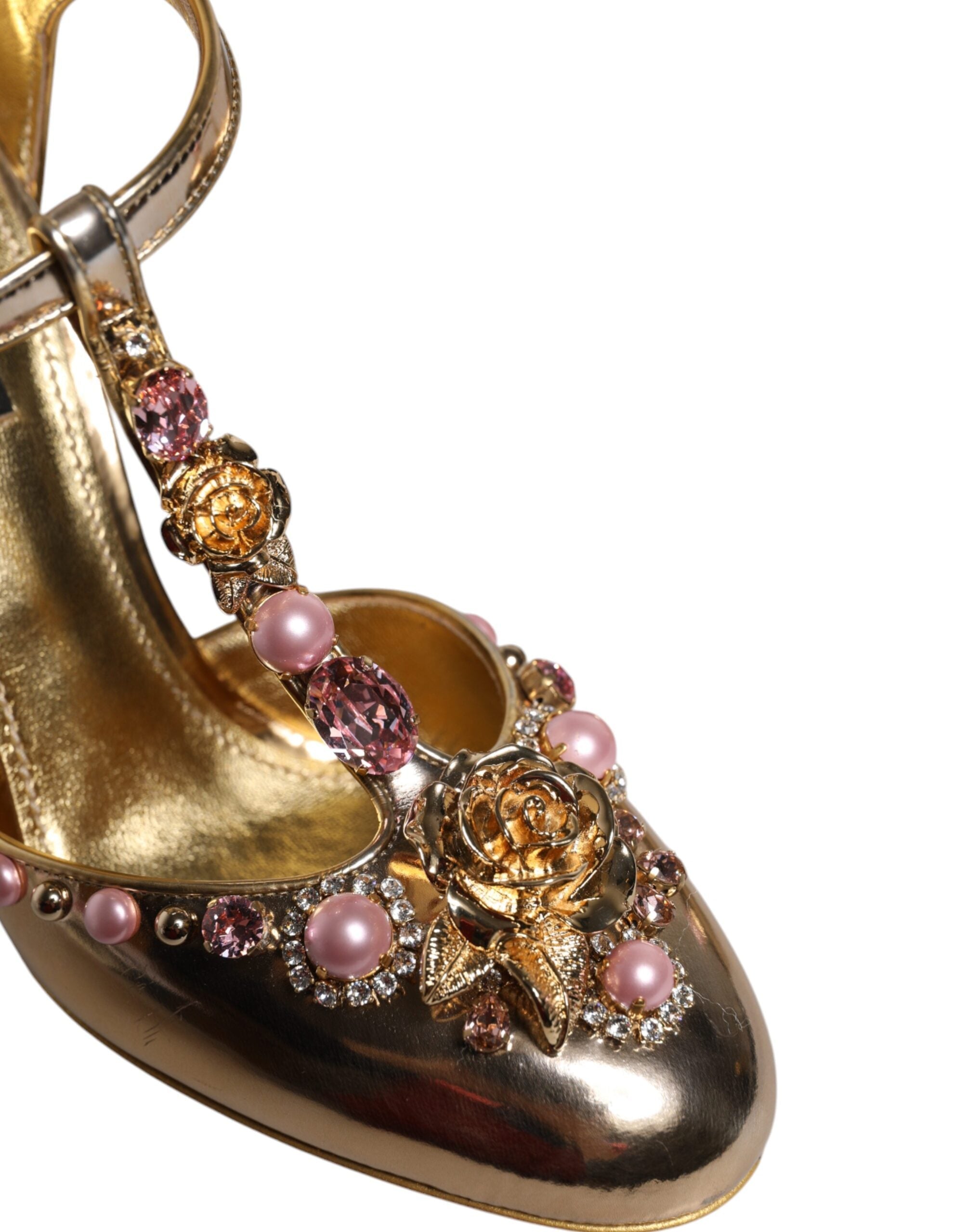 Dolce & Gabbana Gold Pearl and Crystal Vally T-Strap Block Heel Pump LUNESCAPE