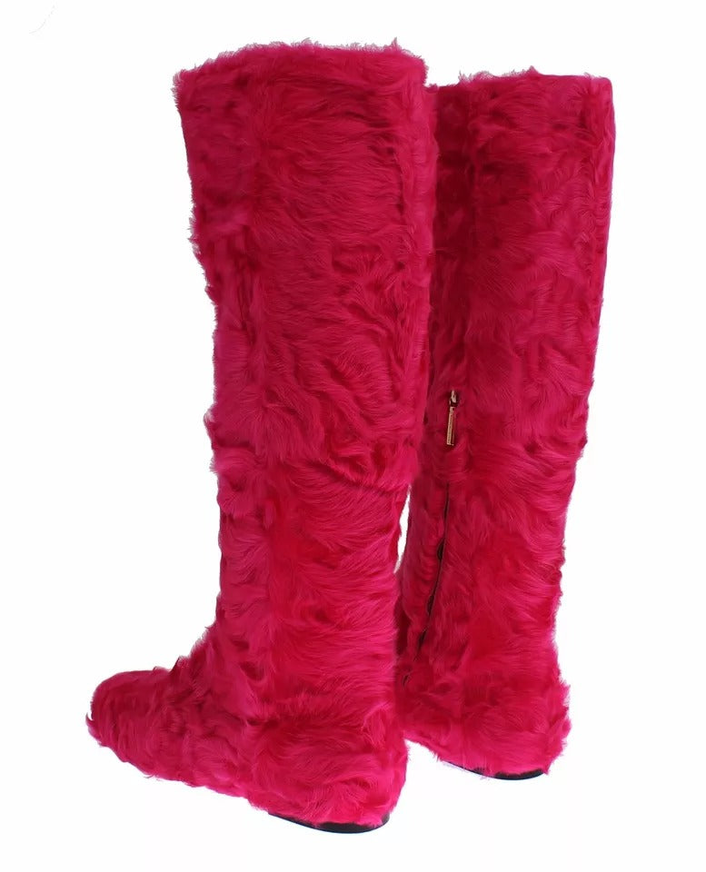 Dolce & Gabbana Pink Lamb Fur Leather Flat Boots Shoes LUNESCAPE