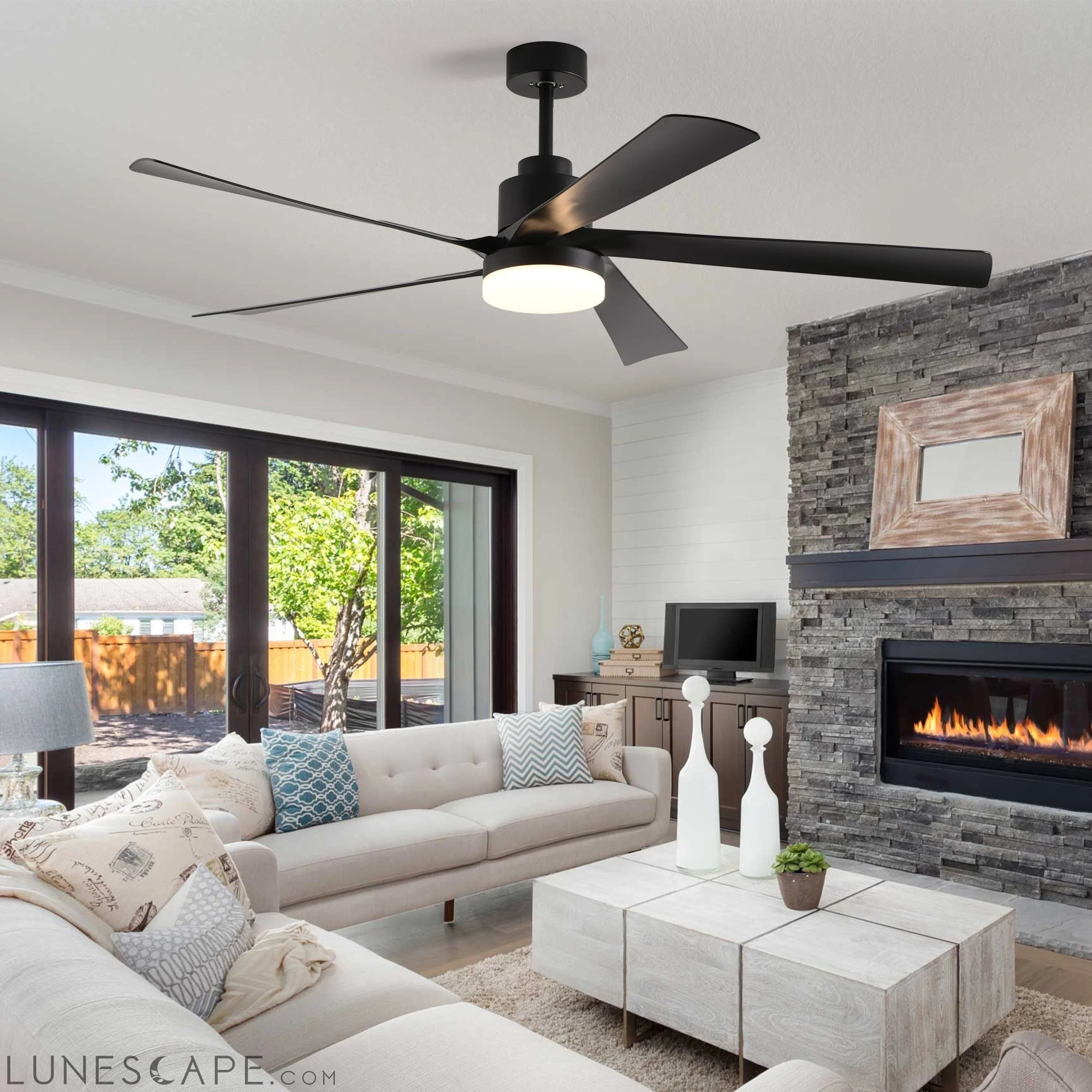 65 Inch Black Ceiling Fan with Light, 5-Blade Dimmable LED Ceiling Fan LUNESCAPE