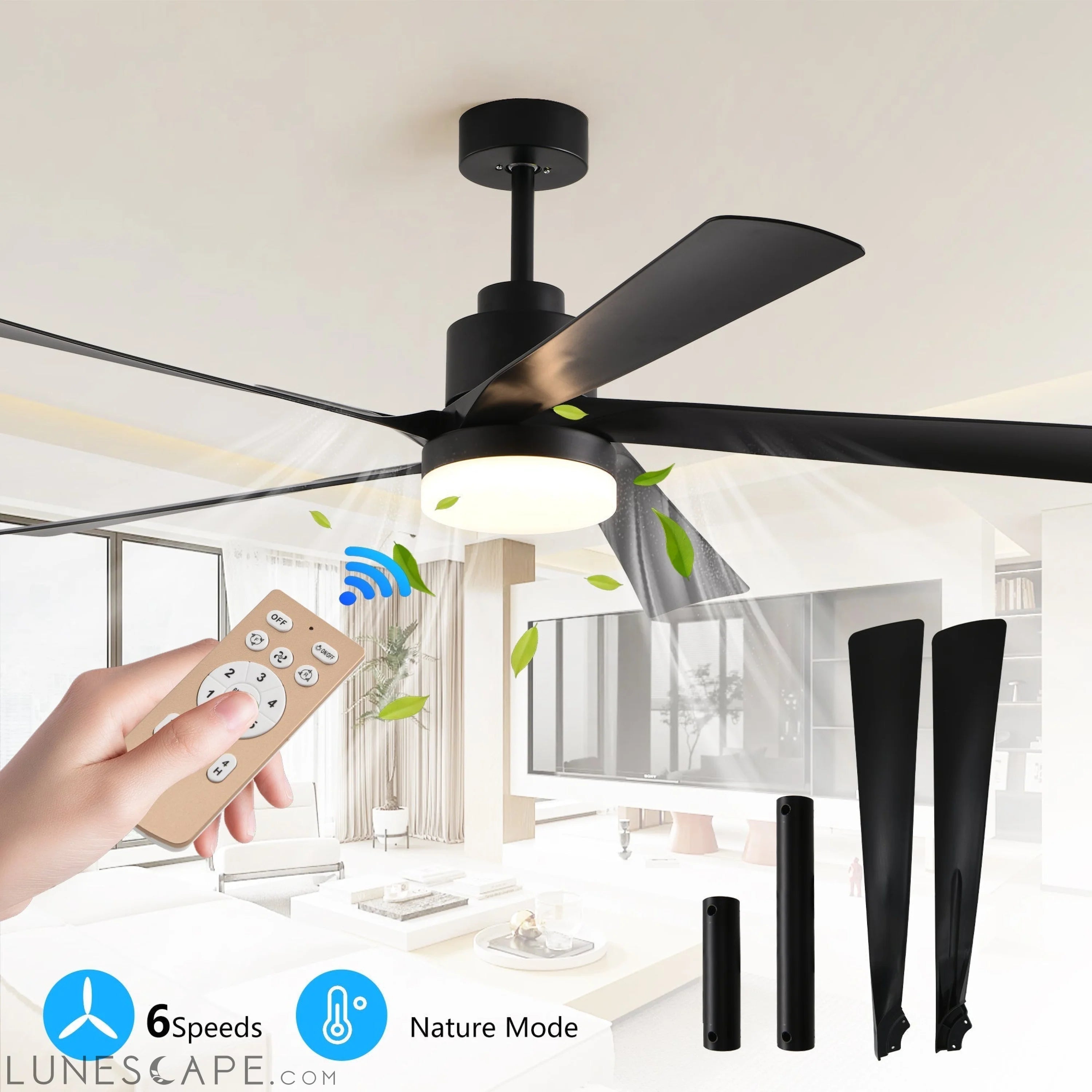 65 Inch Black Ceiling Fan with Light, 5-Blade Dimmable LED Ceiling Fan LUNESCAPE