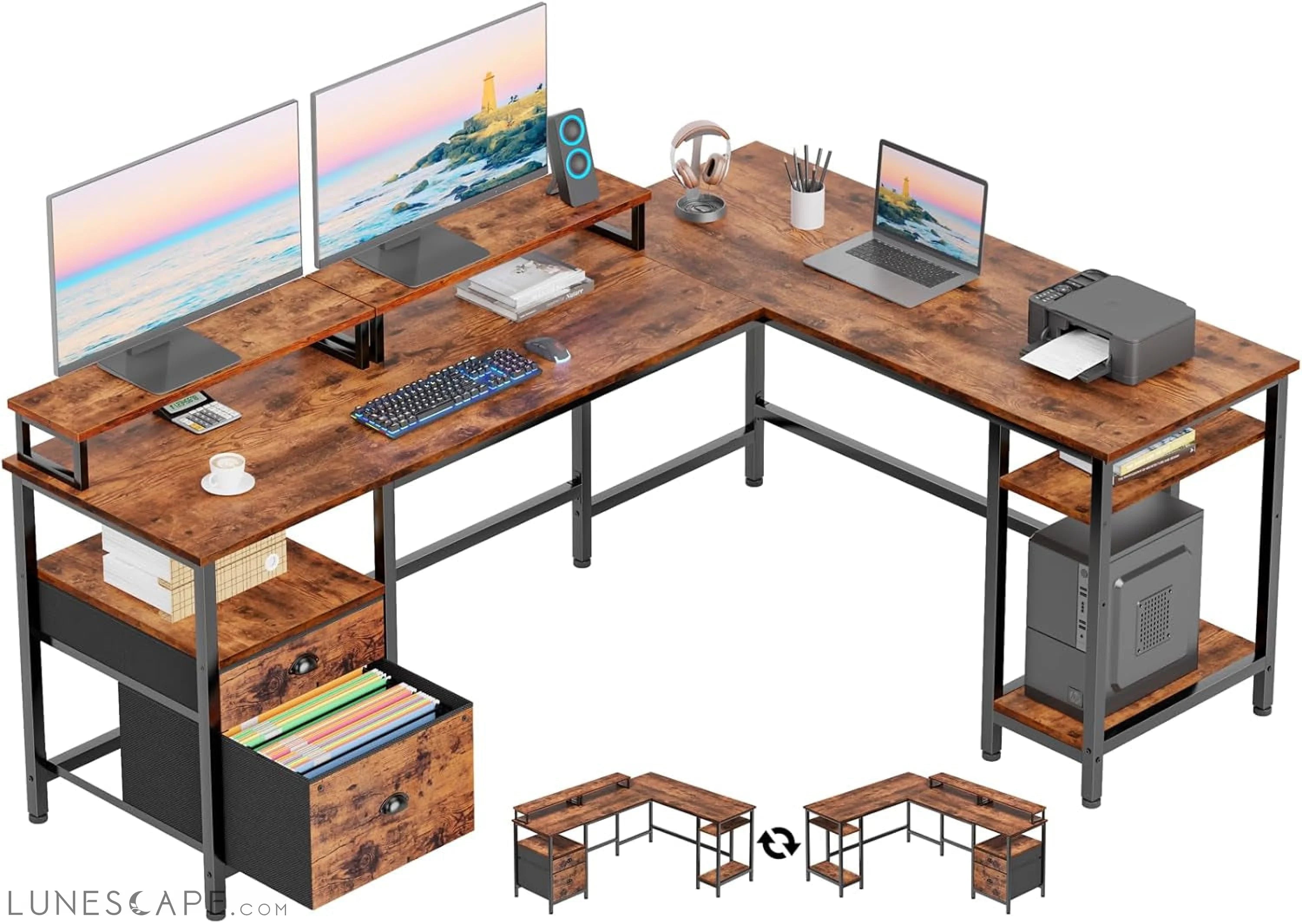 66" L Shaped Computer Desk with Shelves, Reversible Corner Gaming Desk LUNESCAPE