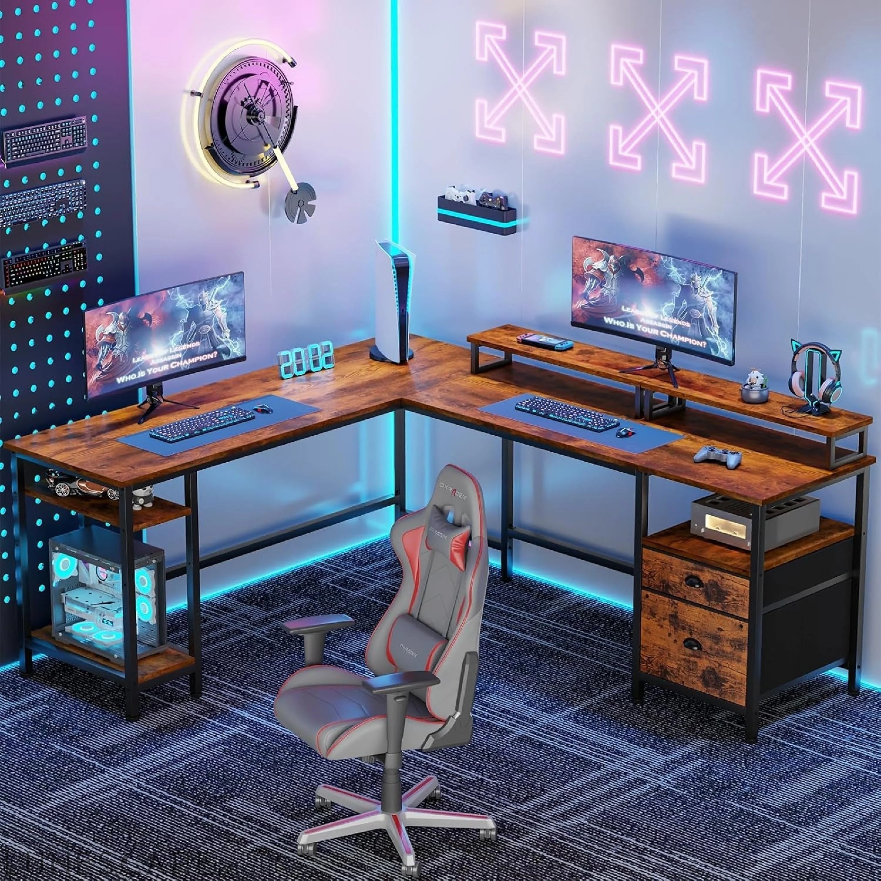 66" L Shaped Computer Desk with Shelves, Reversible Corner Gaming Desk LUNESCAPE