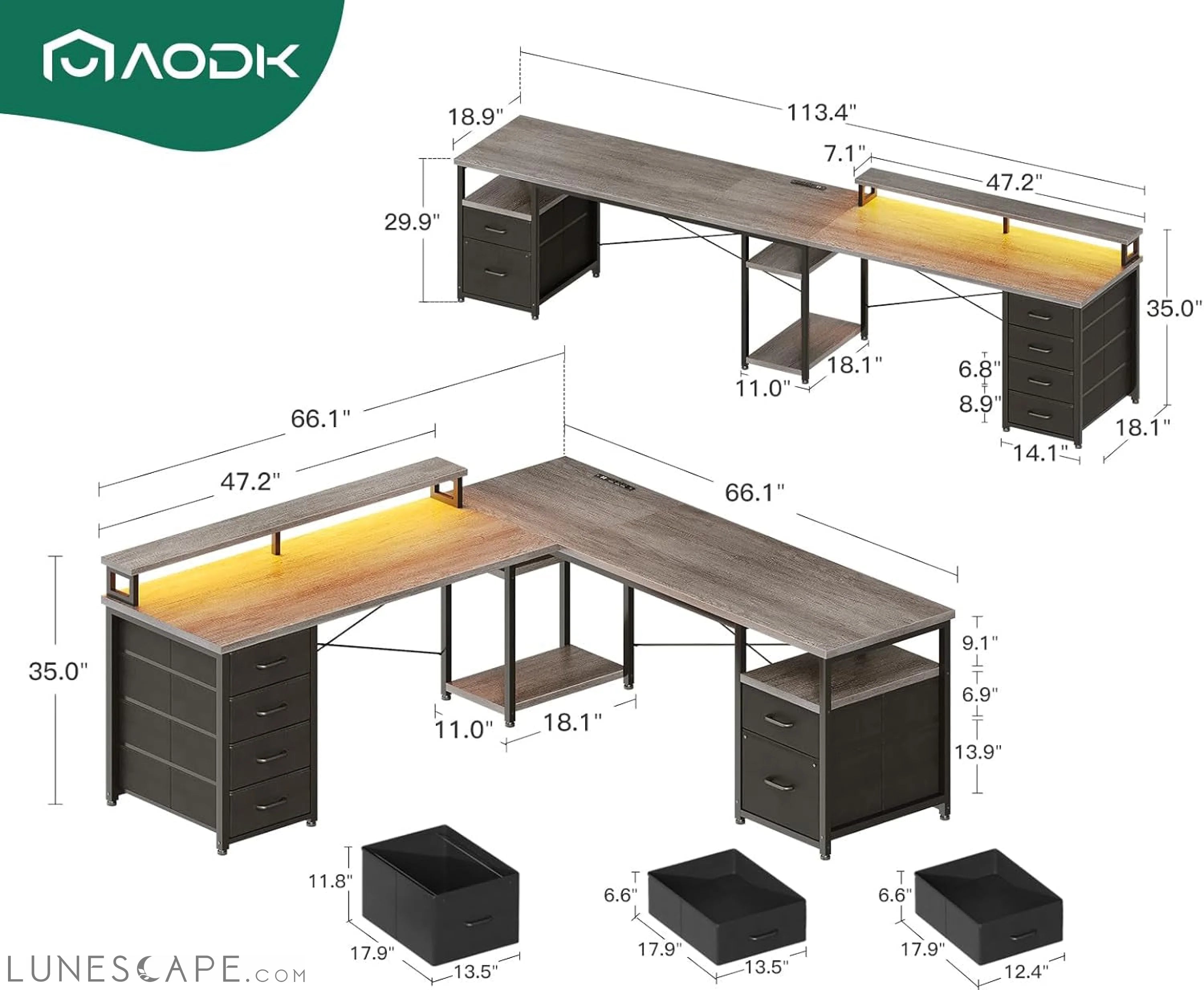 66" L Shaped Desk, 113" Computer Desk with File Cabinet & 4 Fabric LUNESCAPE
