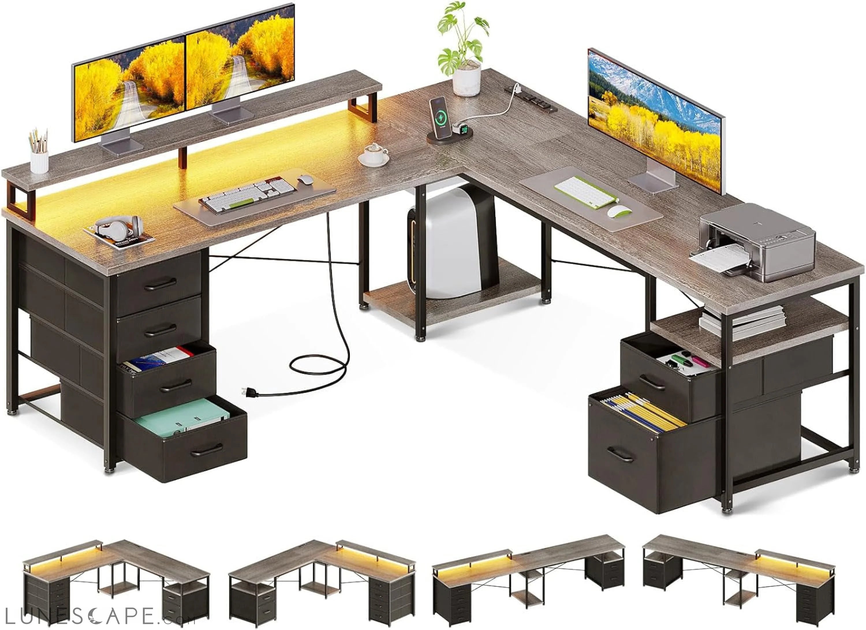 66" L Shaped Desk, 113" Computer Desk with File Cabinet & 4 Fabric LUNESCAPE