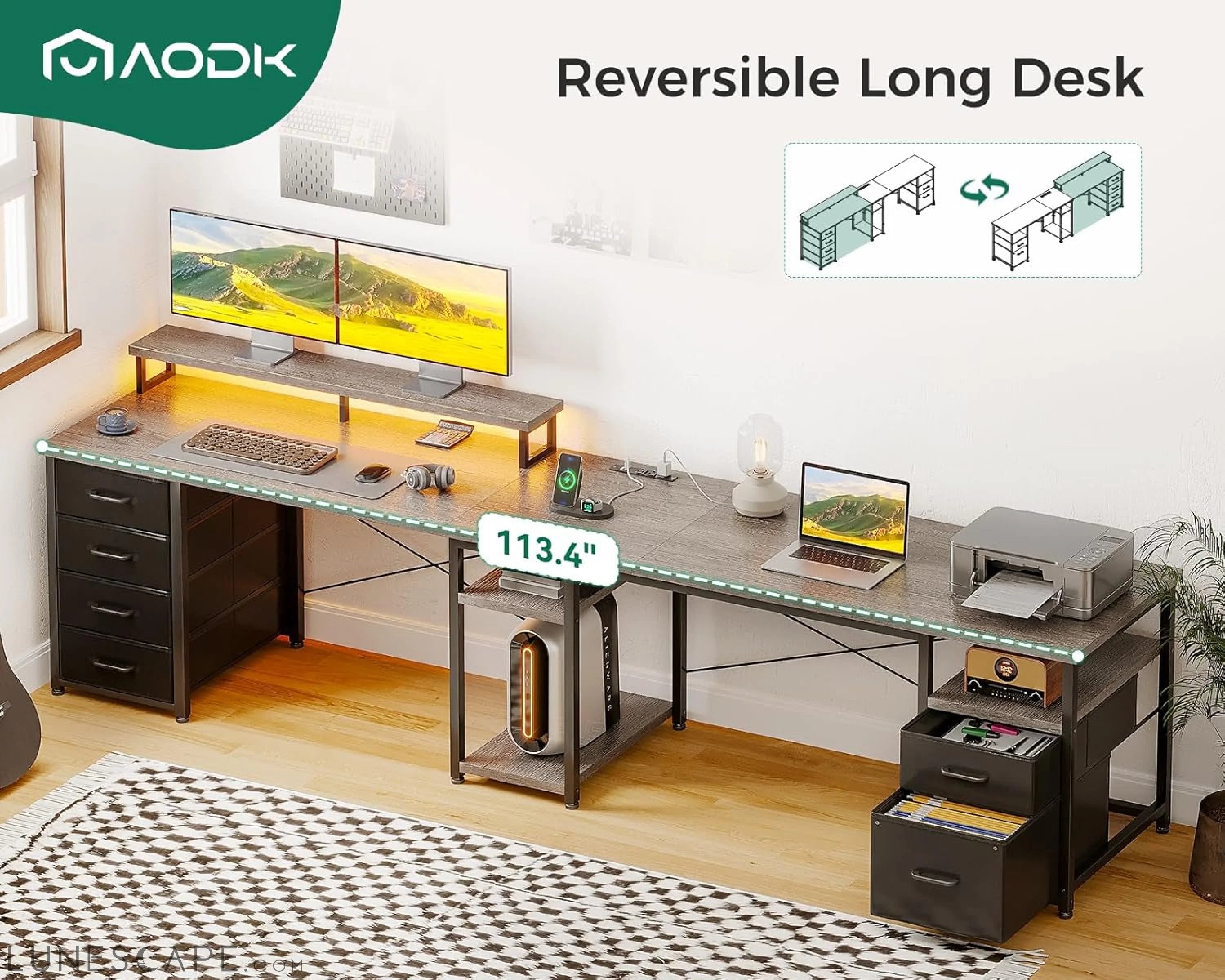 66" L Shaped Desk, 113" Computer Desk with File Cabinet & 4 Fabric LUNESCAPE