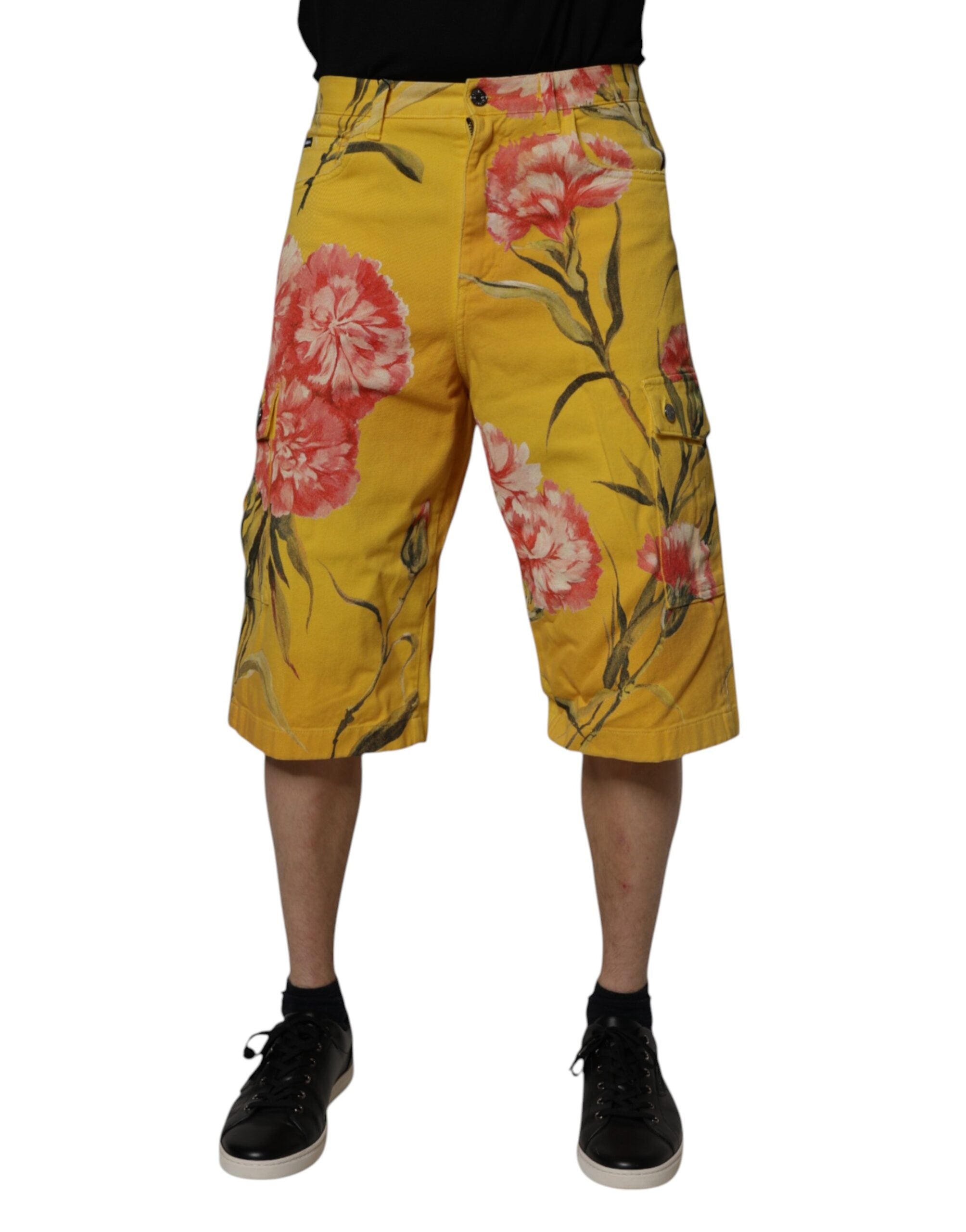 Dolce & Gabbana Yellow Floral Cargo Denim Men Bermuda Shorts