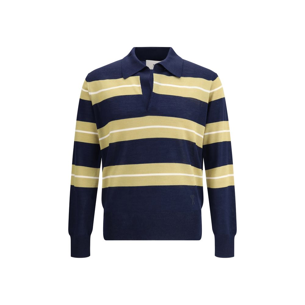 Ami Paris Raye Long Sleeve Silk Blend Polo Shirt in Navy and Yellow Stripes