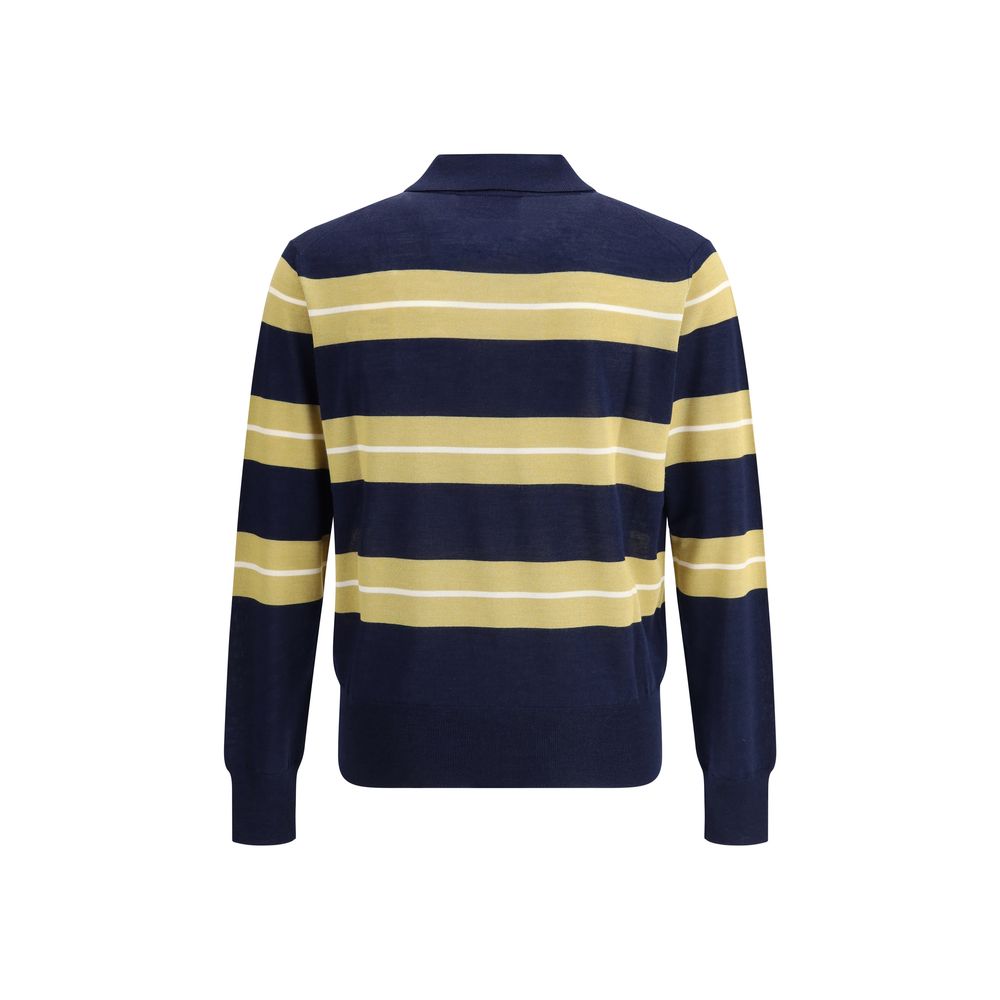 Ami Paris Raye Long Sleeve Silk Blend Polo Shirt in Navy and Yellow Stripes