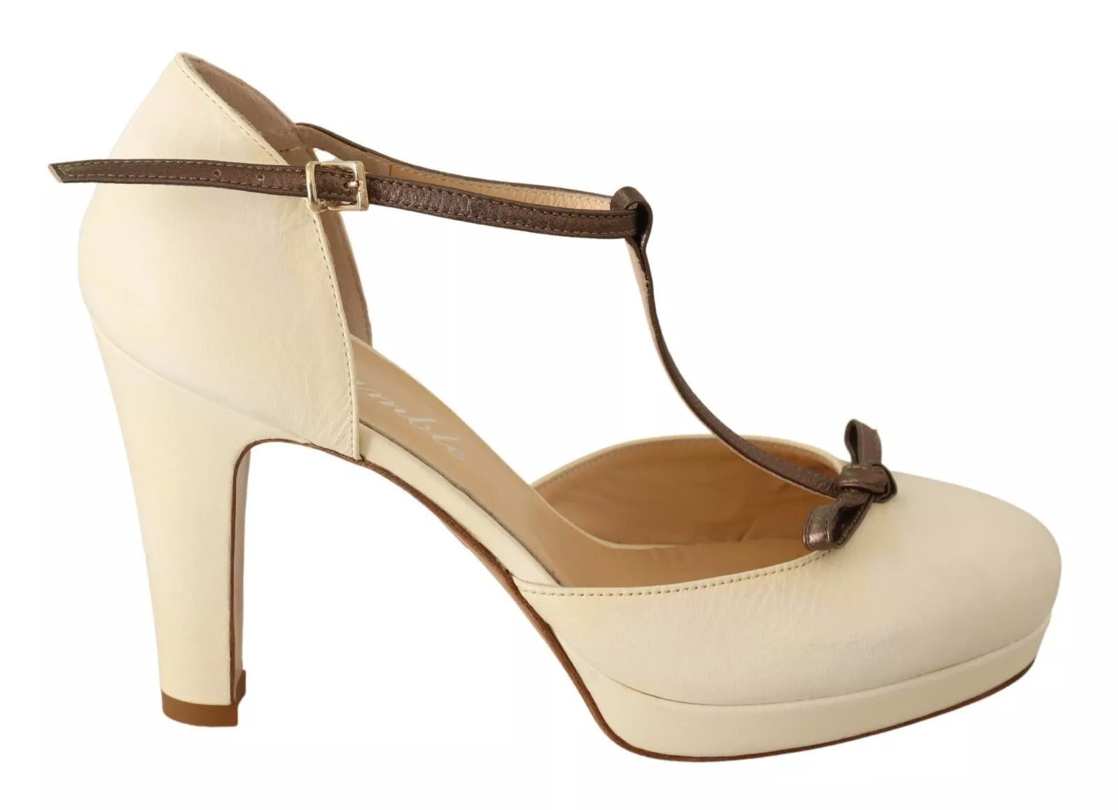 SERGIO LEVANTESI Beige T-Strap Block Heel T-Strap  Leather Pumps