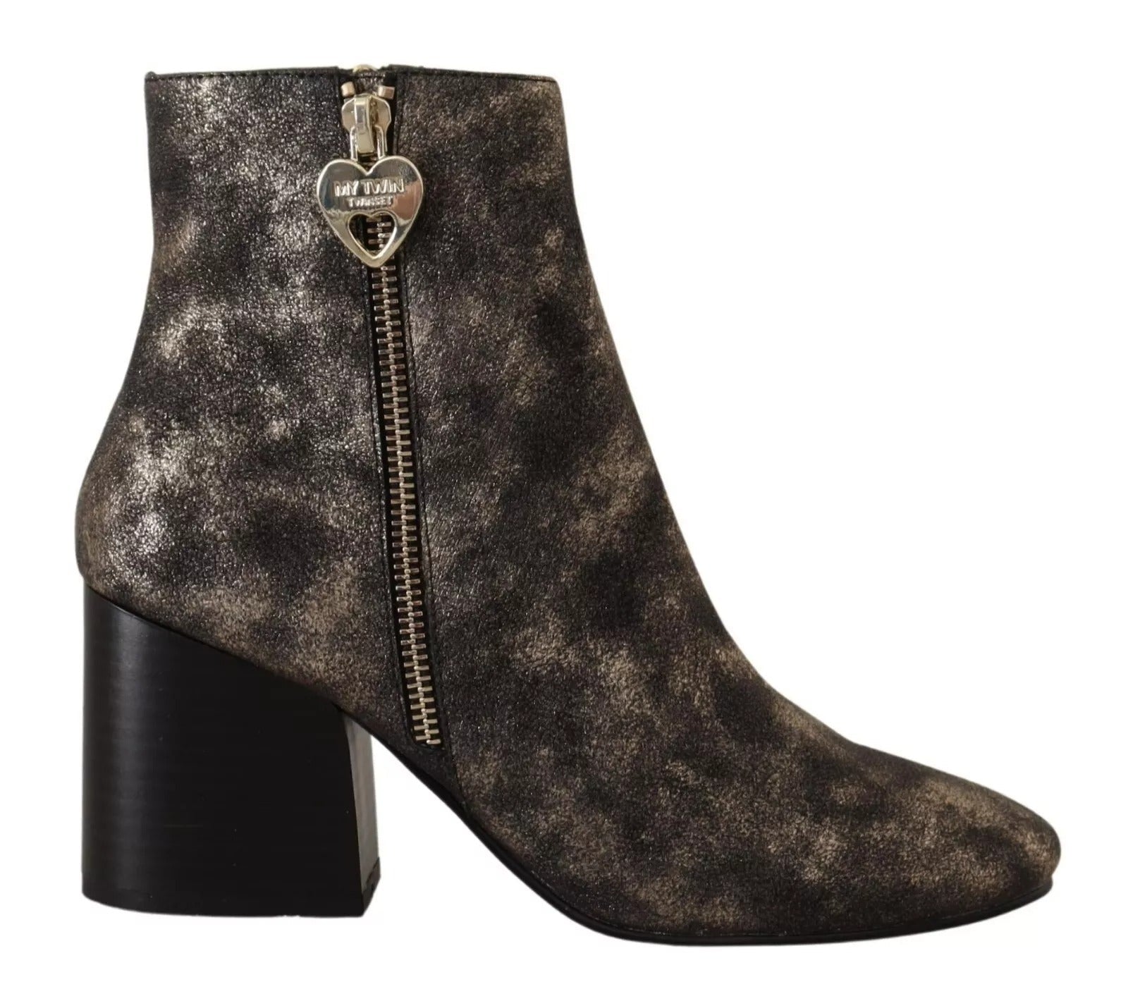 MY TWIN Black Leather Block Heels Ankle Boots Zipper Shoes LUNESCAPE