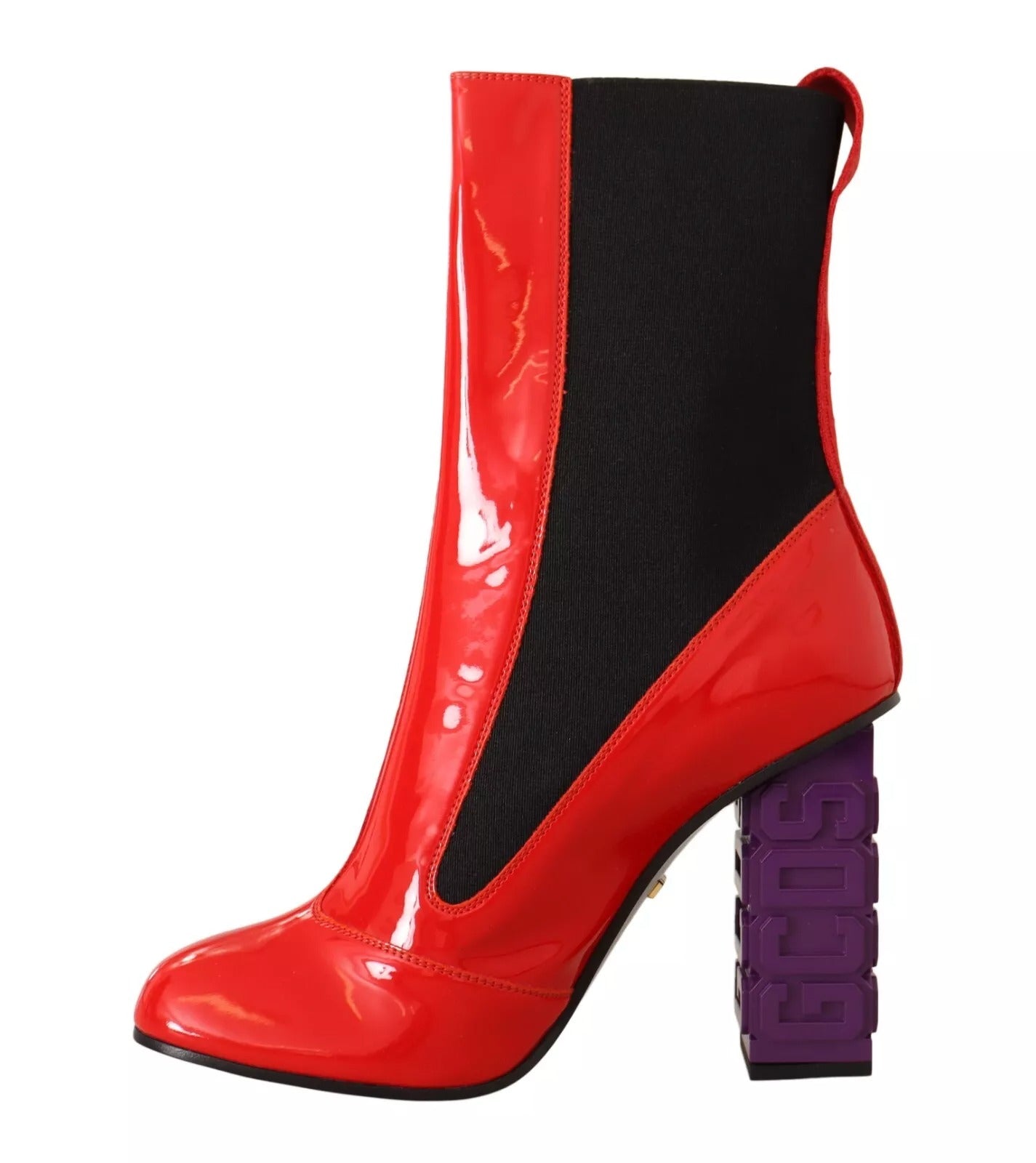 GCDS Red Leather Black Fabric Logo Heel Ankle Boots Shoes LUNESCAPE