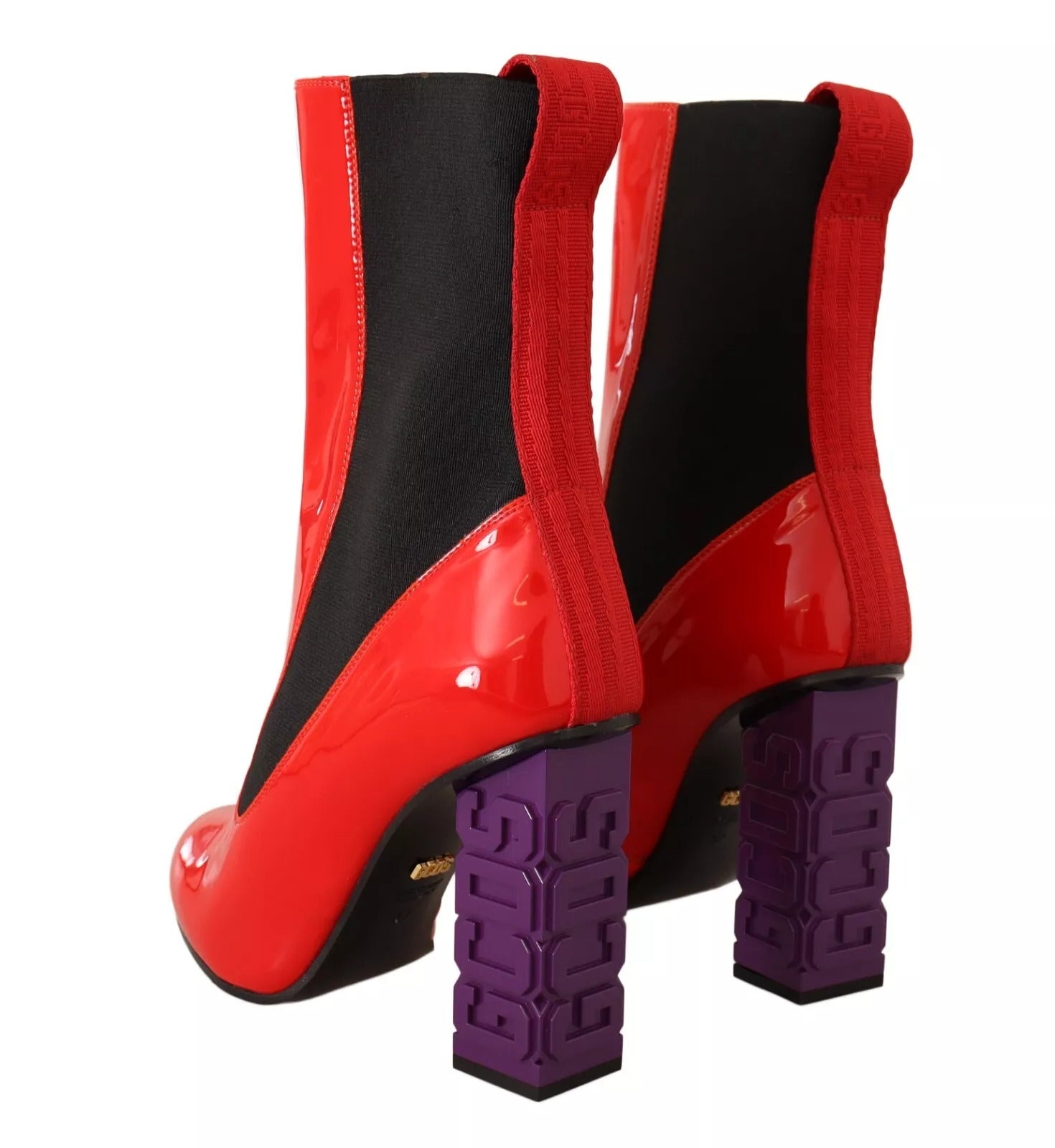 GCDS Red Leather Black Fabric Logo Heel Ankle Boots Shoes