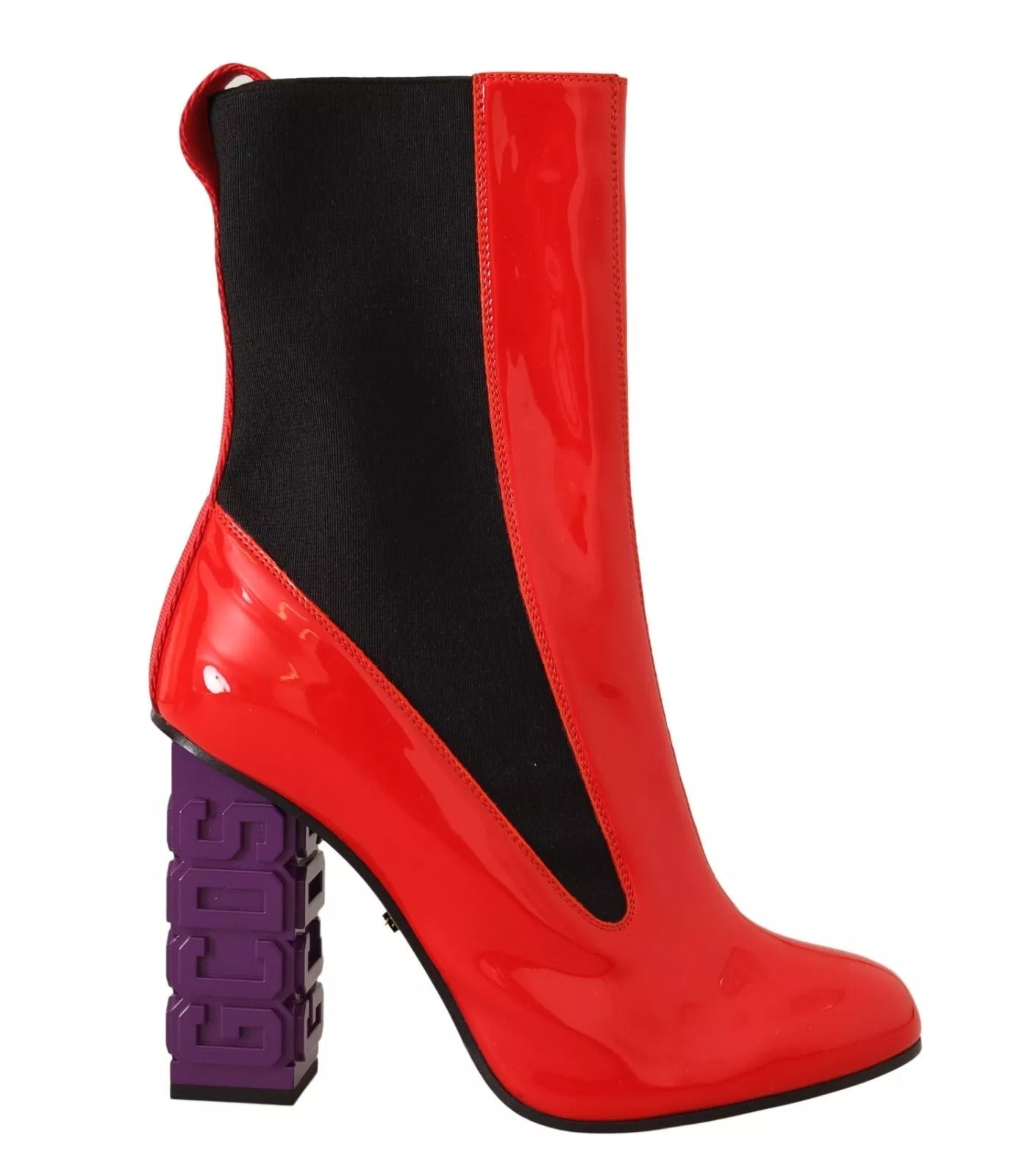 GCDS Red Leather Black Fabric Logo Heel Ankle Boots Shoes LUNESCAPE
