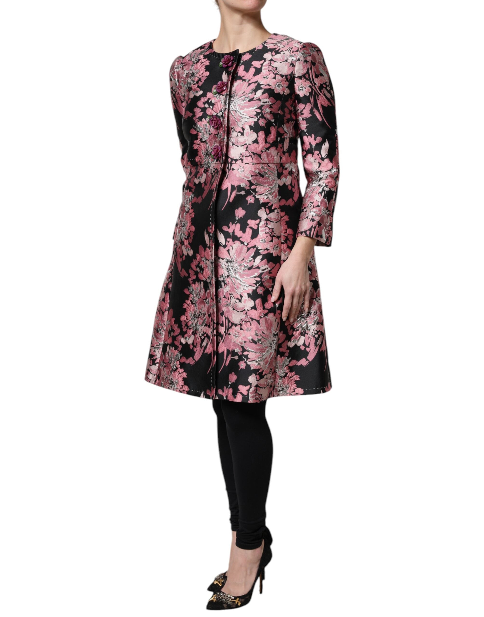 Dolce & Gabbana Pink Black Floral Brocade Trenchcoat Jacket LUNESCAPE