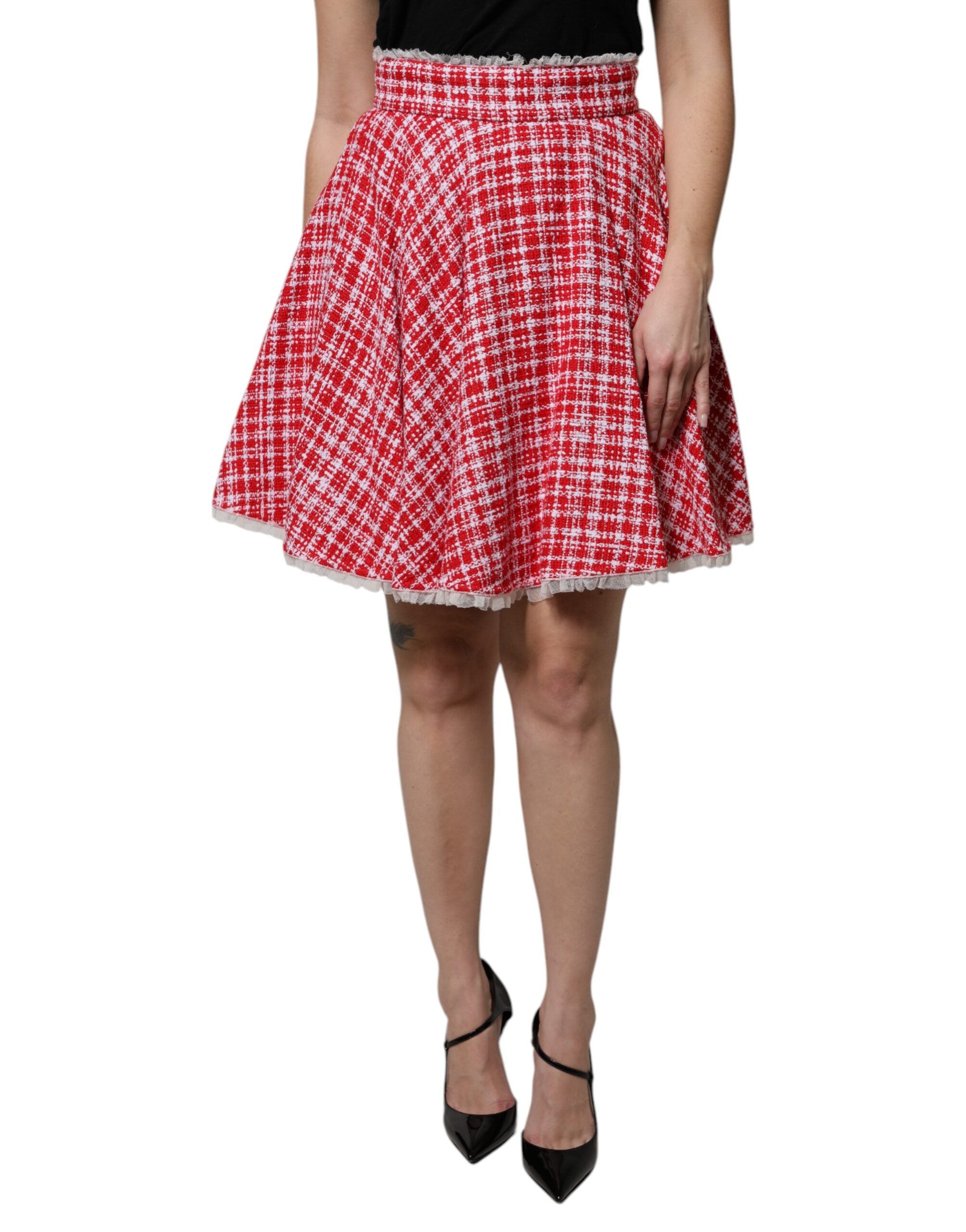 Dolce & Gabbana Red White High Waist A-line Above Knee Skirt