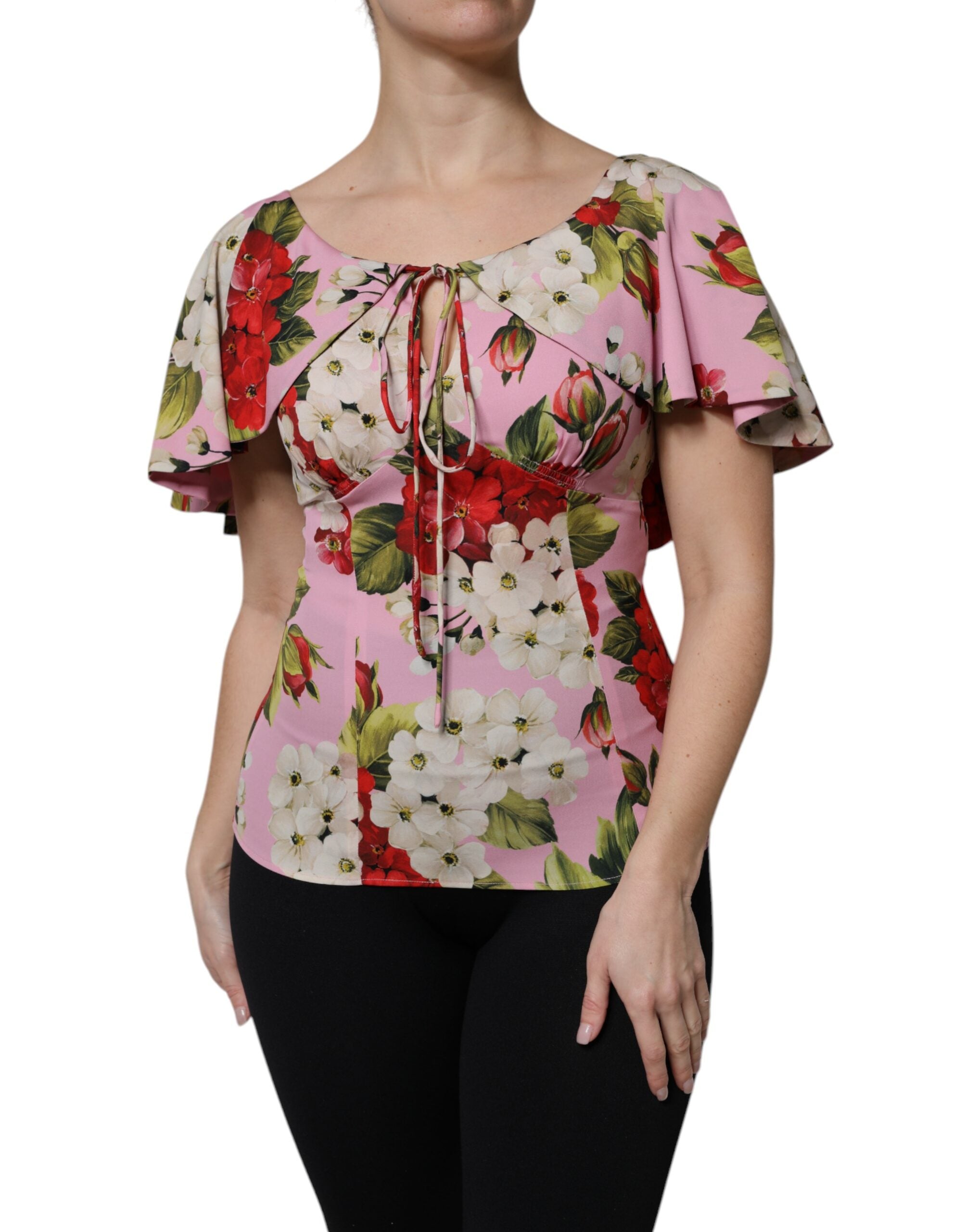 Dolce & Gabbana Pink Floral Silk Flutter Sleeves Poet Blouse LUNESCAPE