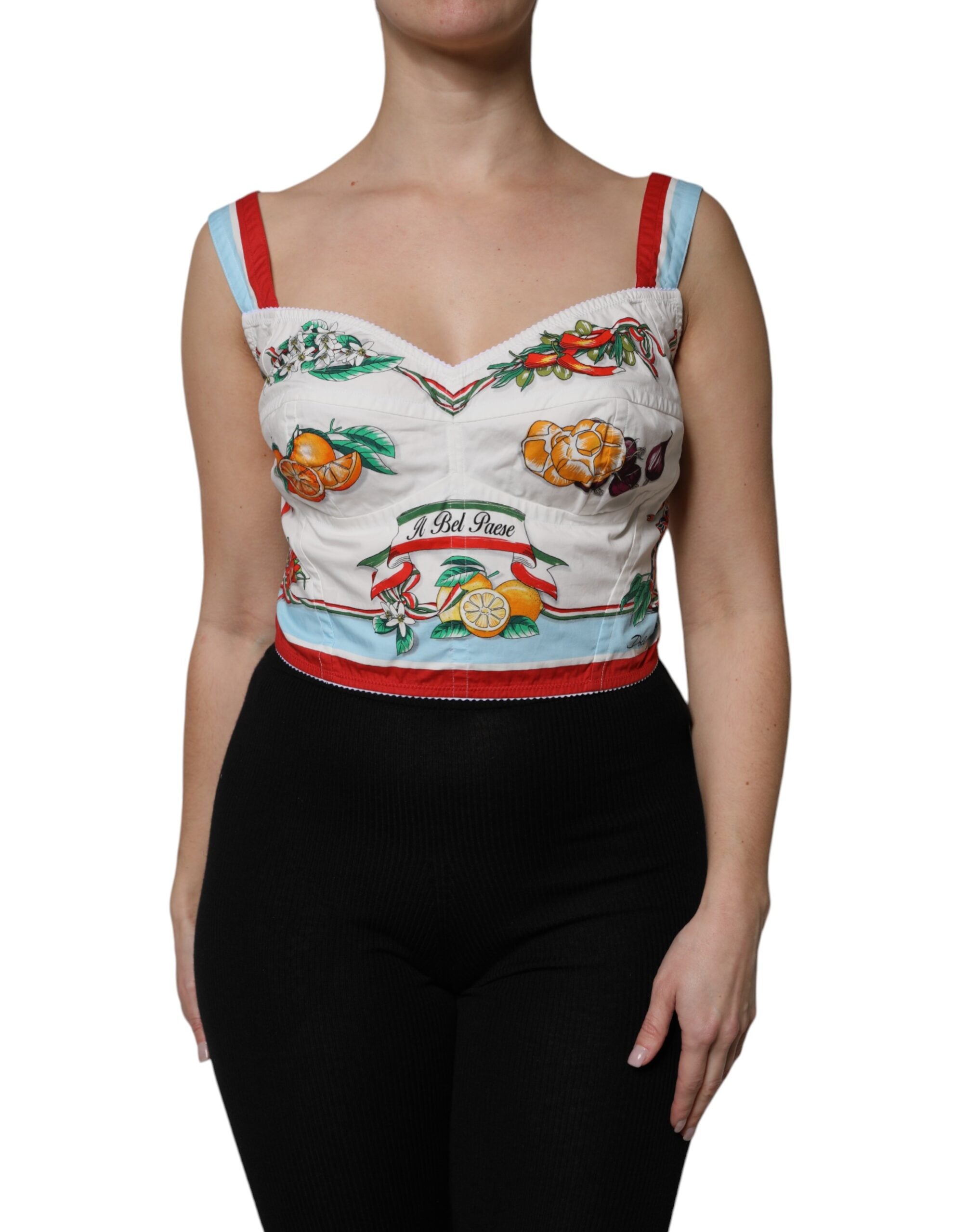 Dolce & Gabbana White Vegetable Print Sweetheart Cropped Sleeveless Top