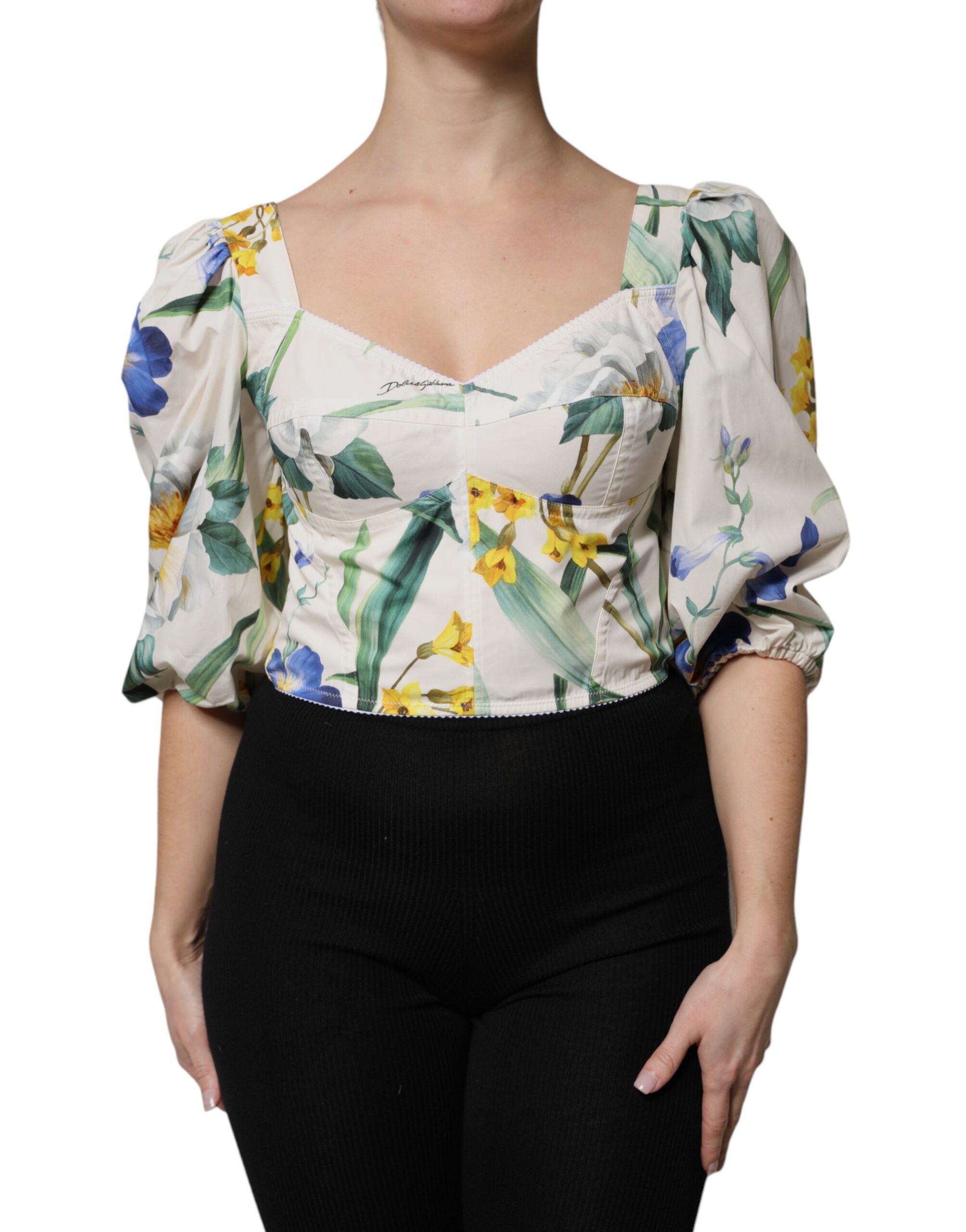 Dolce & Gabbana White Floral Puff Sleeves Crop Blouse Top LUNESCAPE