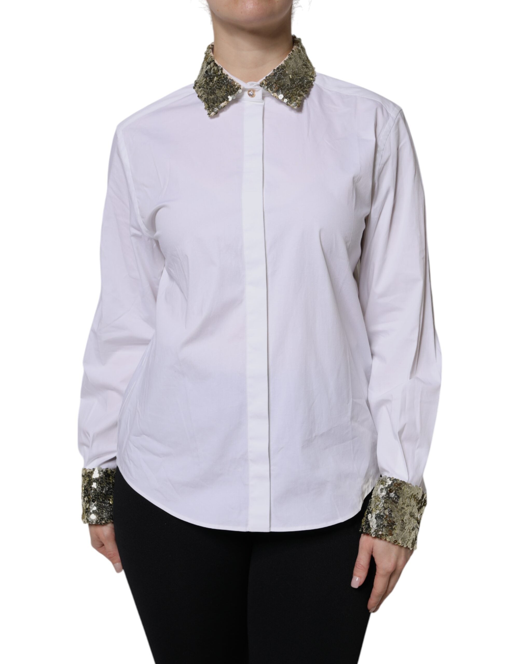 Dolce & Gabbana White Cotton Long Sleeves Sequin Shirt Top LUNESCAPE