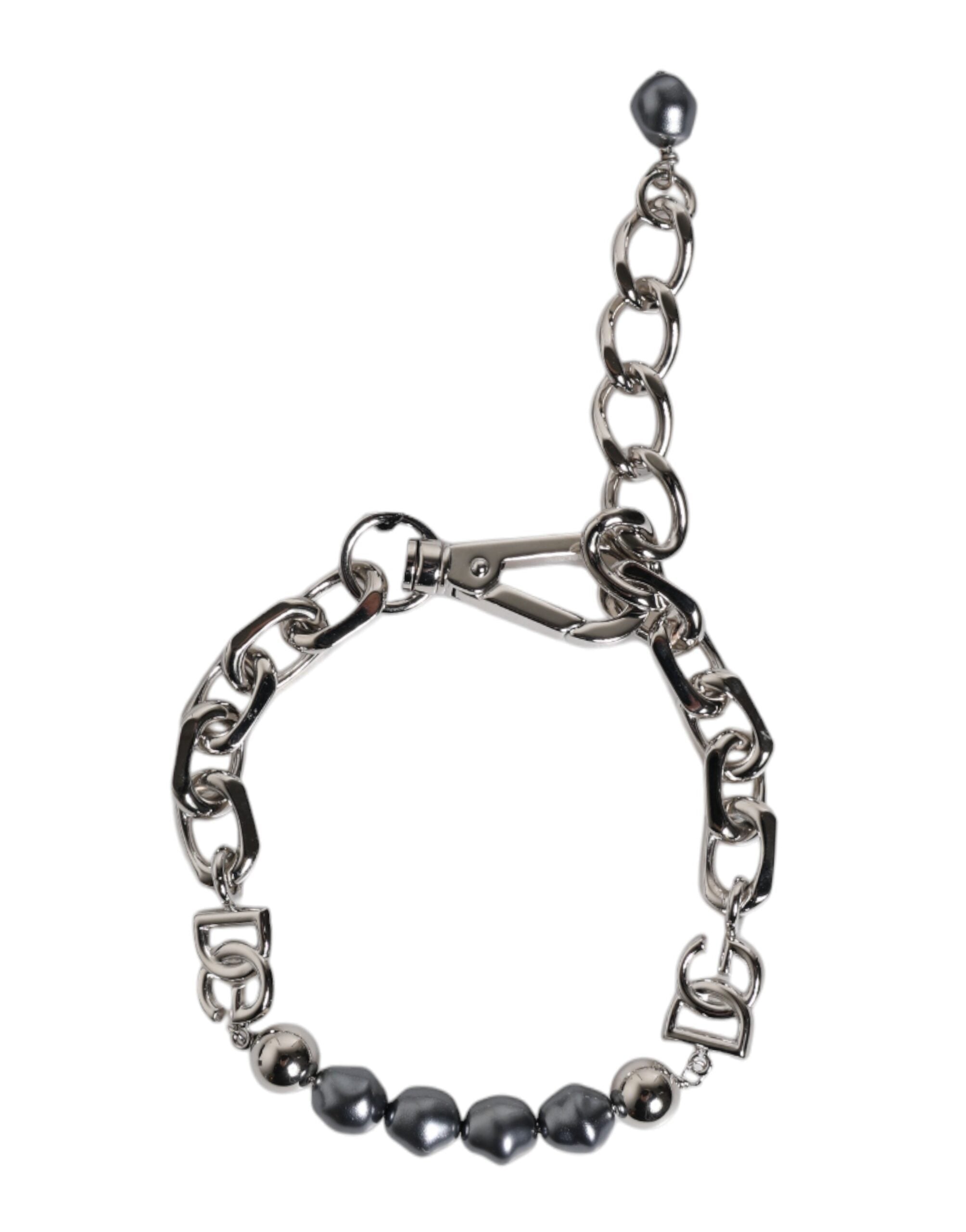 Dolce & Gabbana Silver Tone Chain Lobster Clasp Logo Gray Pearls Bracelet LUNESCAPE