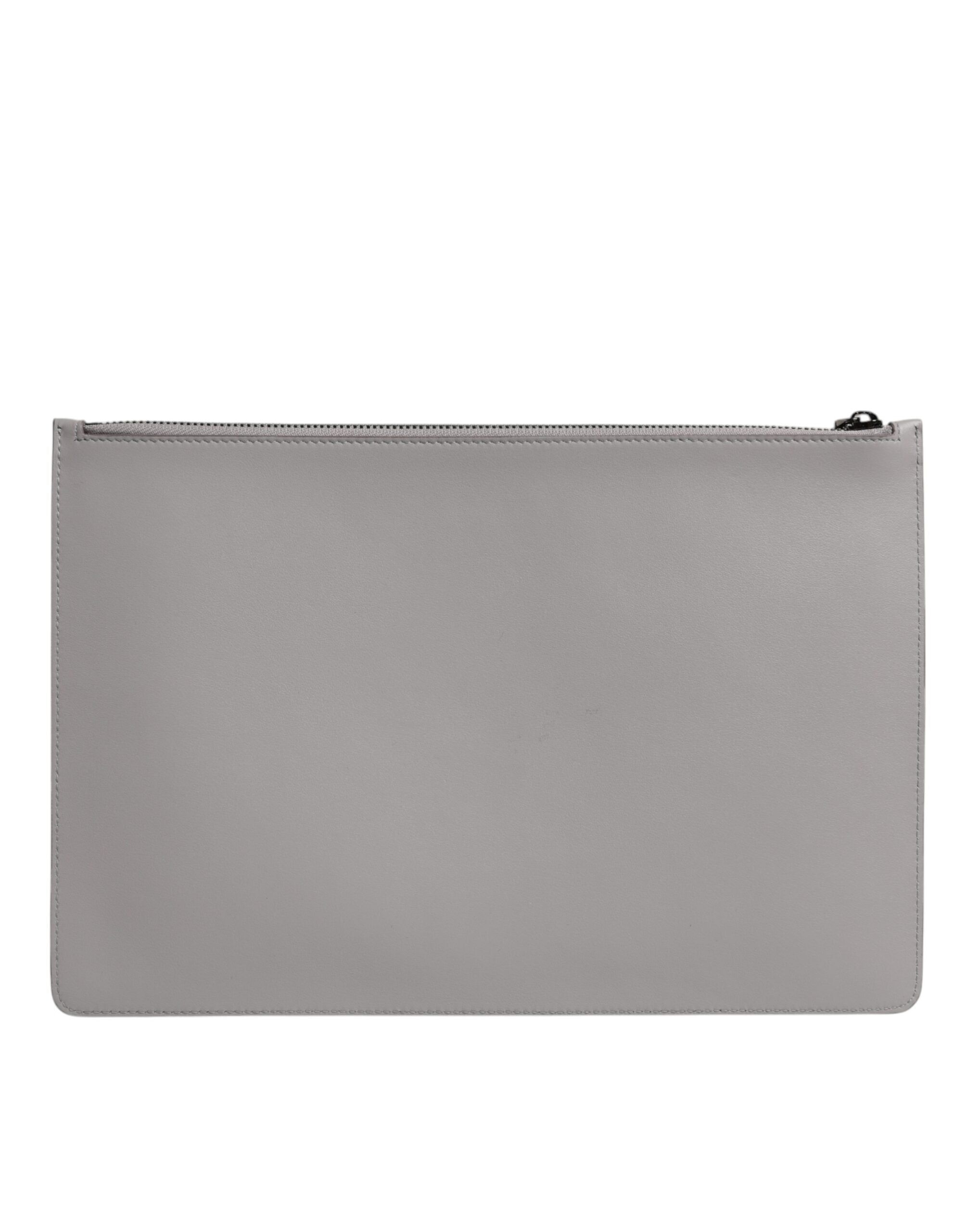 Dolce & Gabbana Gray Solid Leather DG Logo Men Clutch Zip Pouch Bag LUNESCAPE