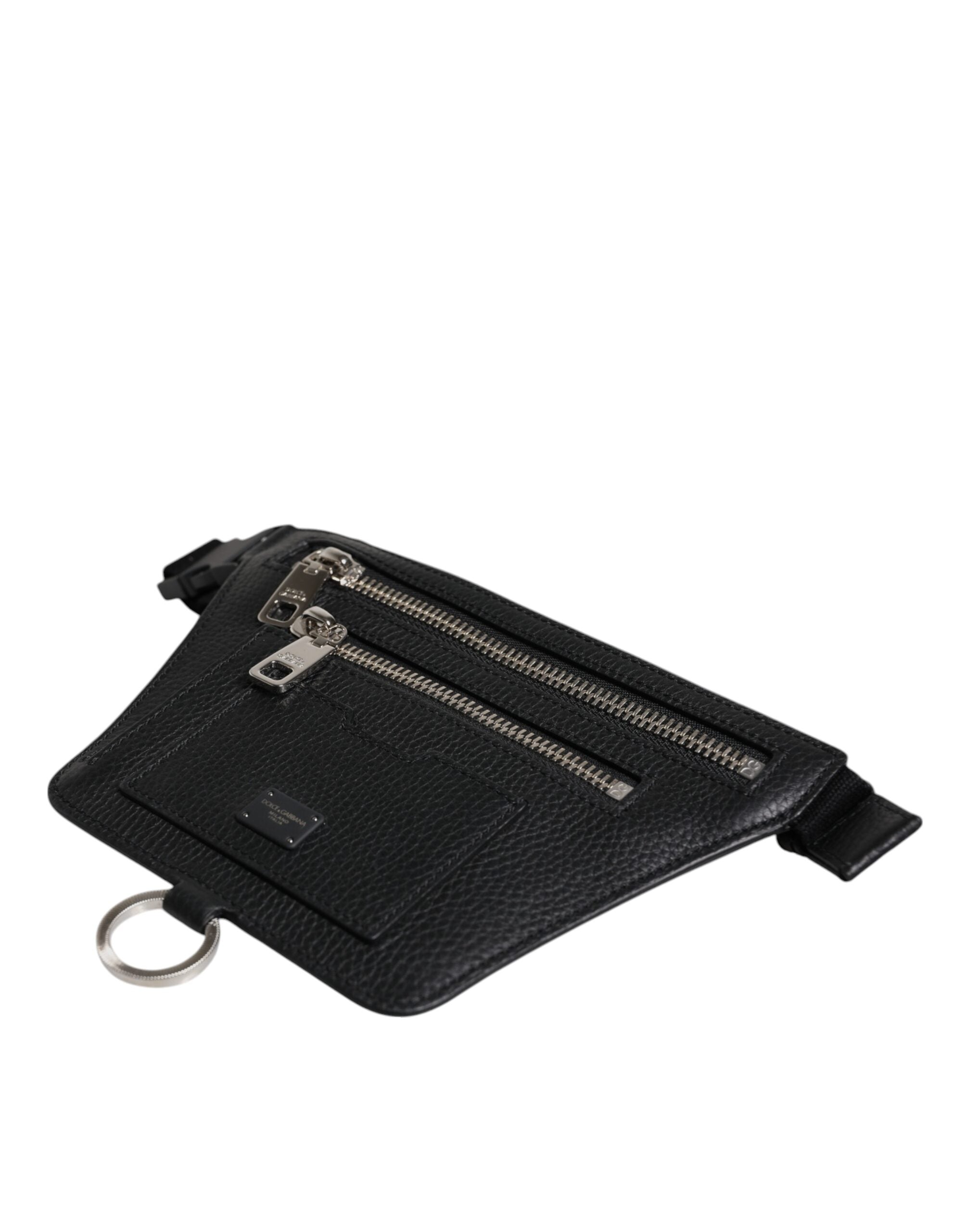Dolce & Gabbana Black Calfskin Logo Plaque Belt Waist Men Fanny Pack Bag