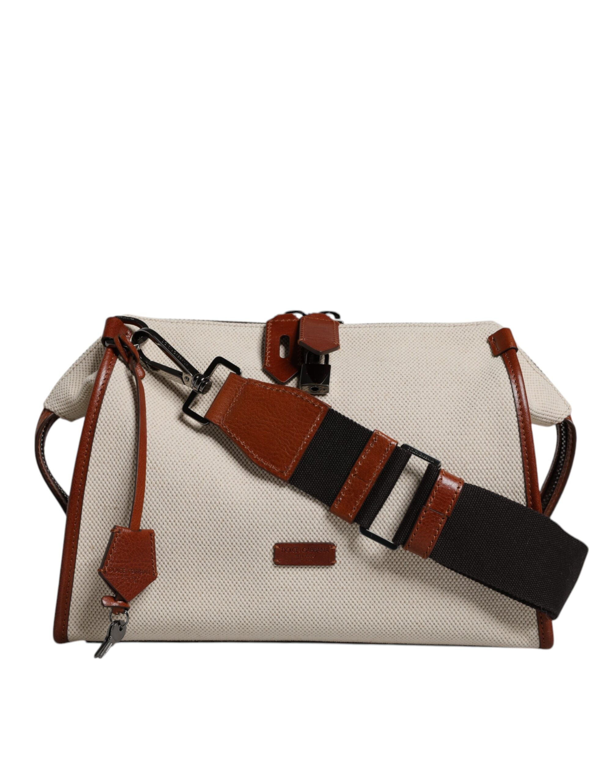 Dolce & Gabbana Beige Cotton Leather Duffle Weekender Bag