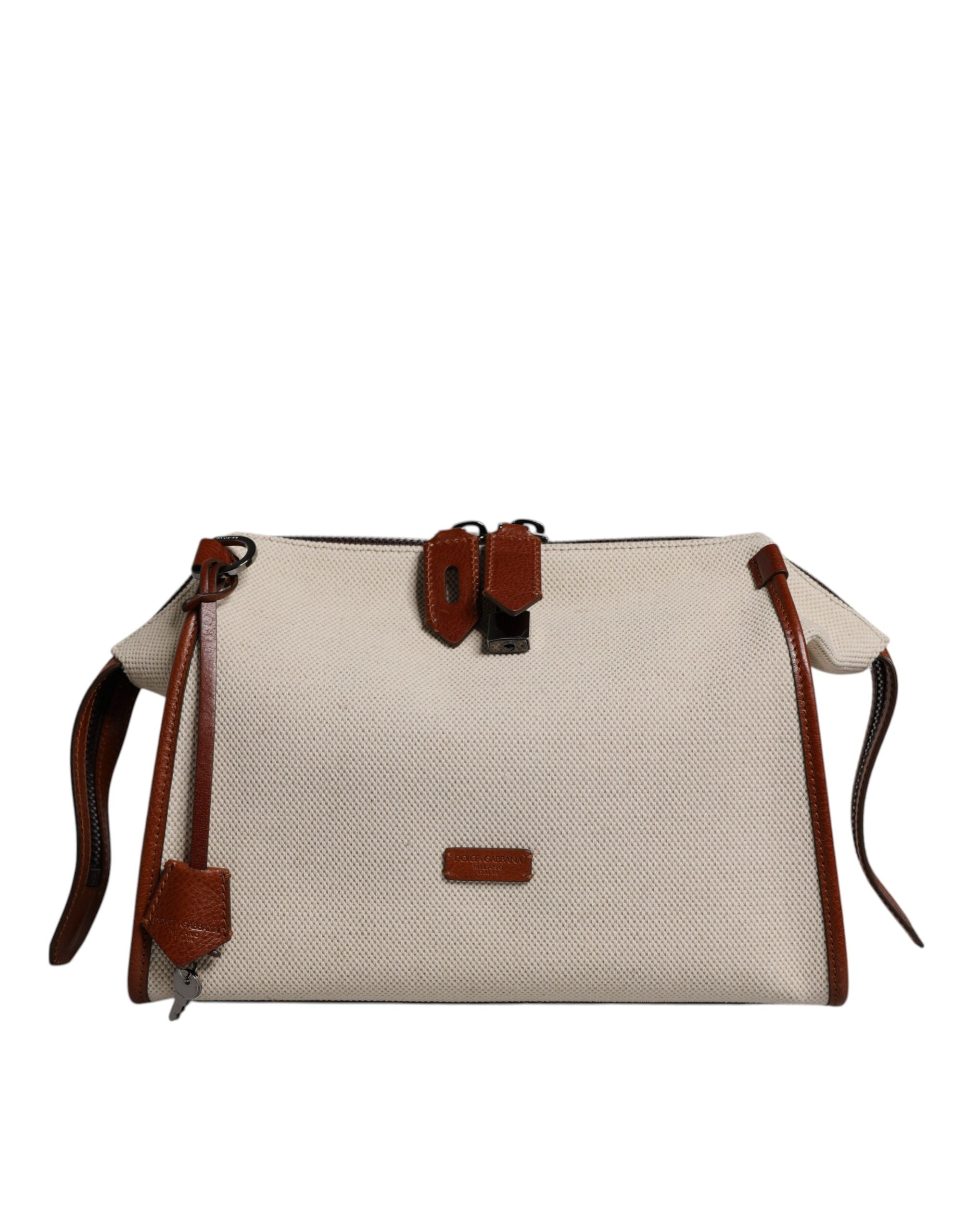 Dolce & Gabbana Ivory Cotton Leather Duffel Weekender Bag