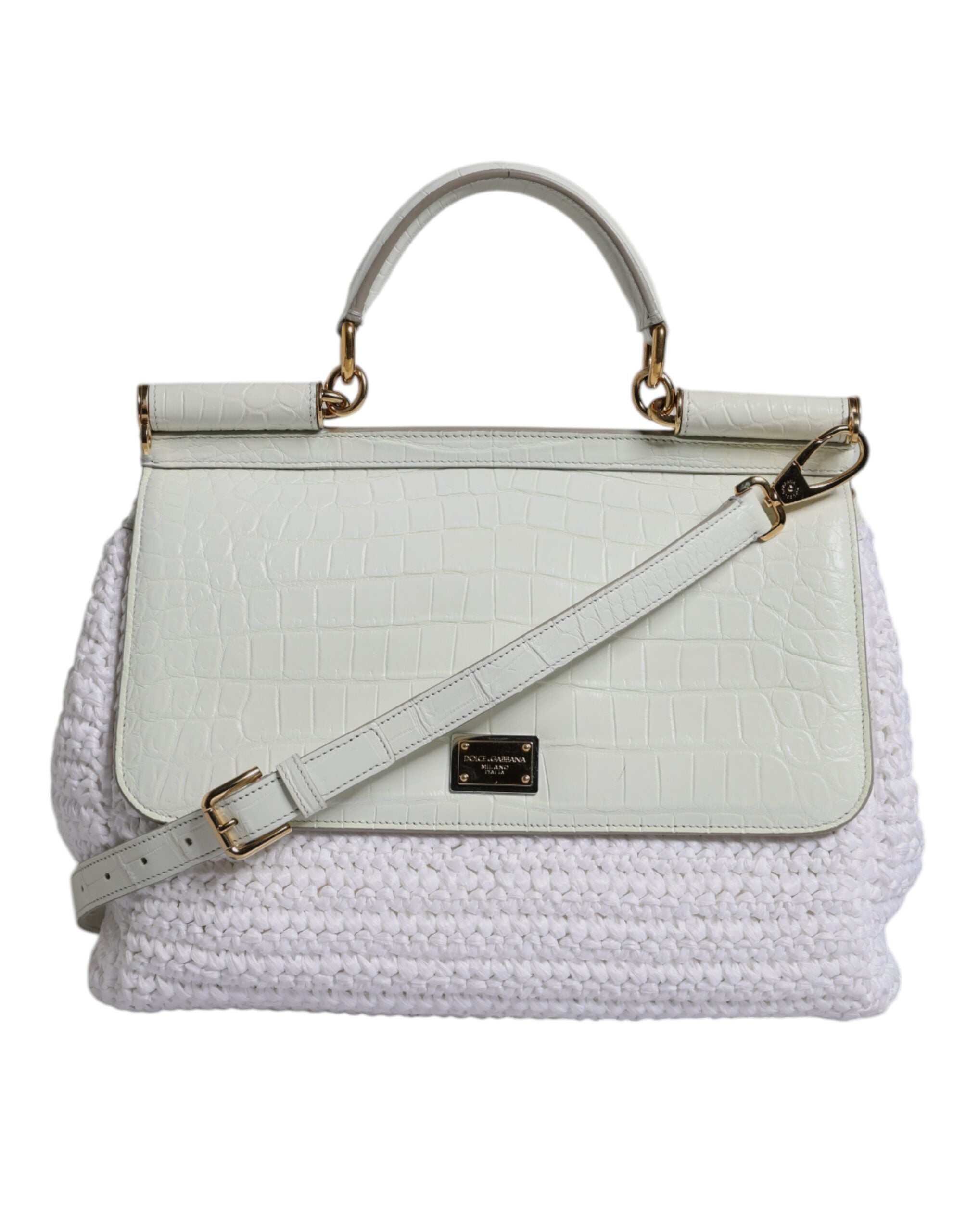 Dolce & Gabbana White Rafia Leather Top Handle Crossbody Bag LUNESCAPE