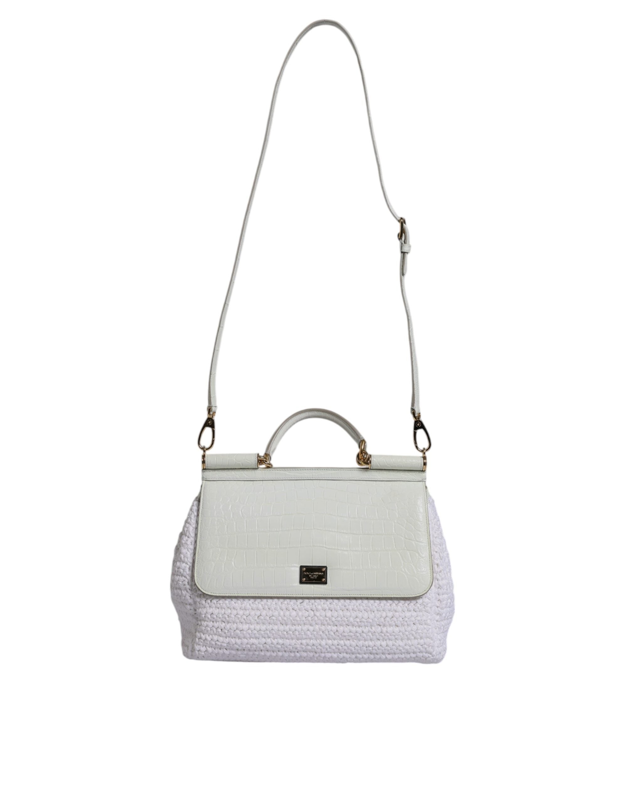 Dolce & Gabbana White Rafia Leather Top Handle Crossbody Bag LUNESCAPE