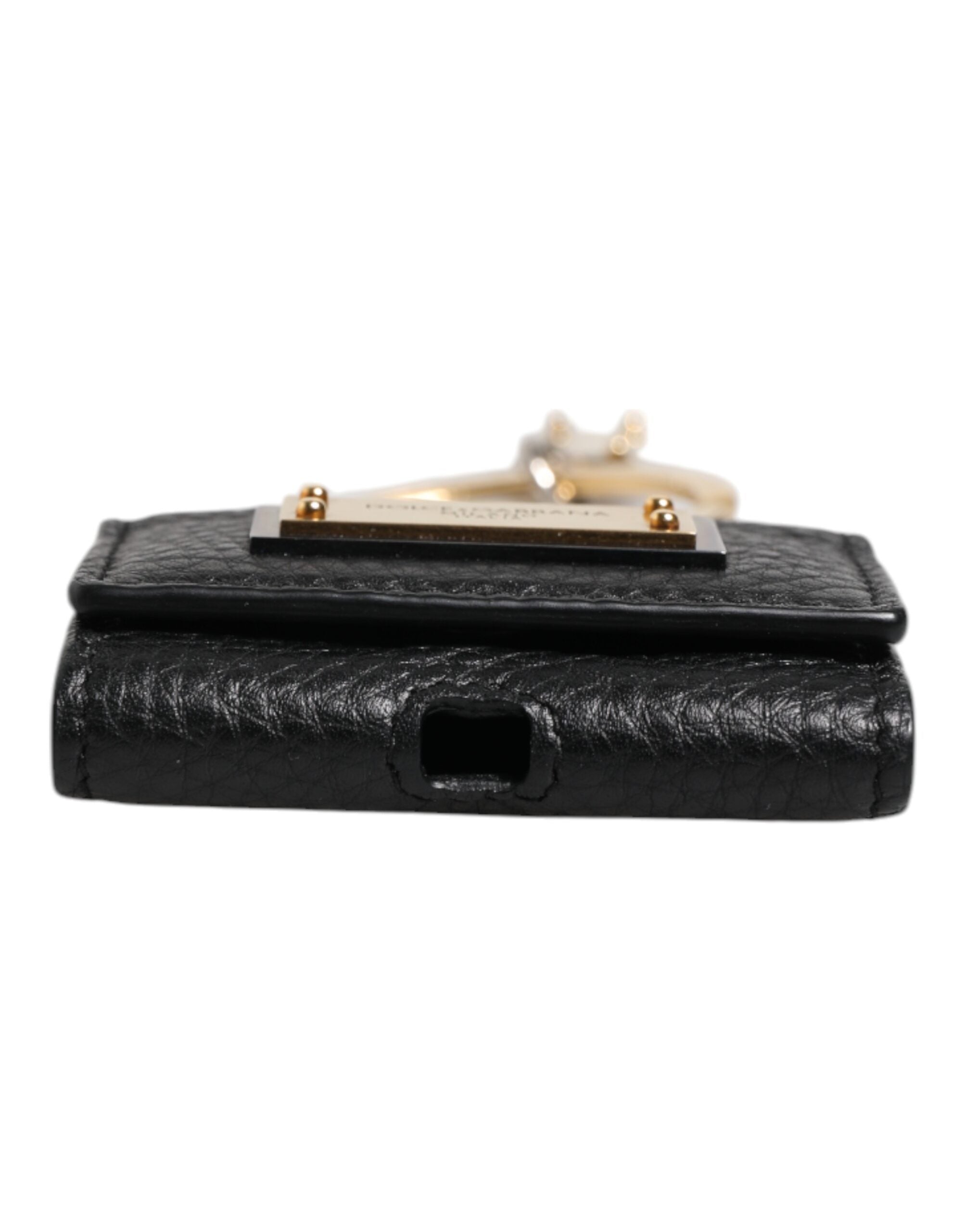 Dolce & Gabbana Black Leather Strap Gold Metal Logo Plaque Airpods Case