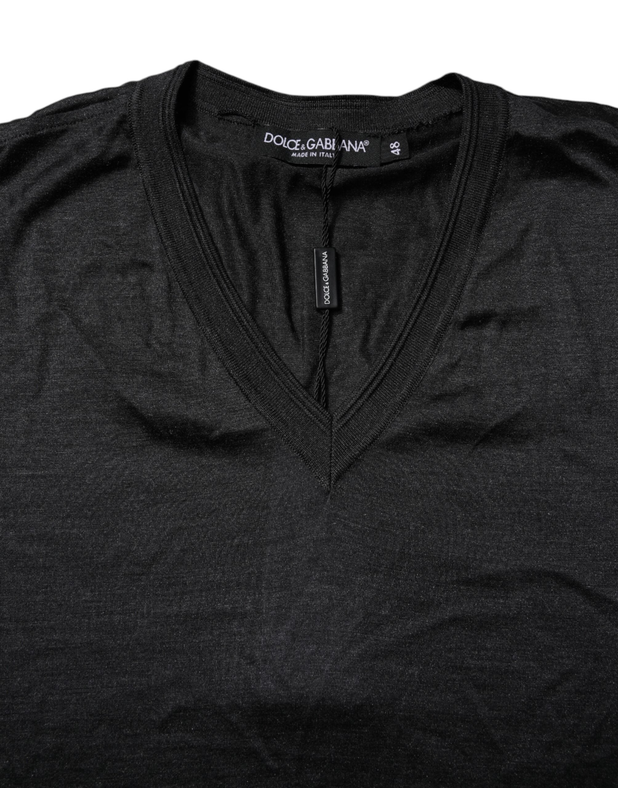 Dolce & Gabbana Dark Gray Silk V-neck Short Sleeves T-shirt