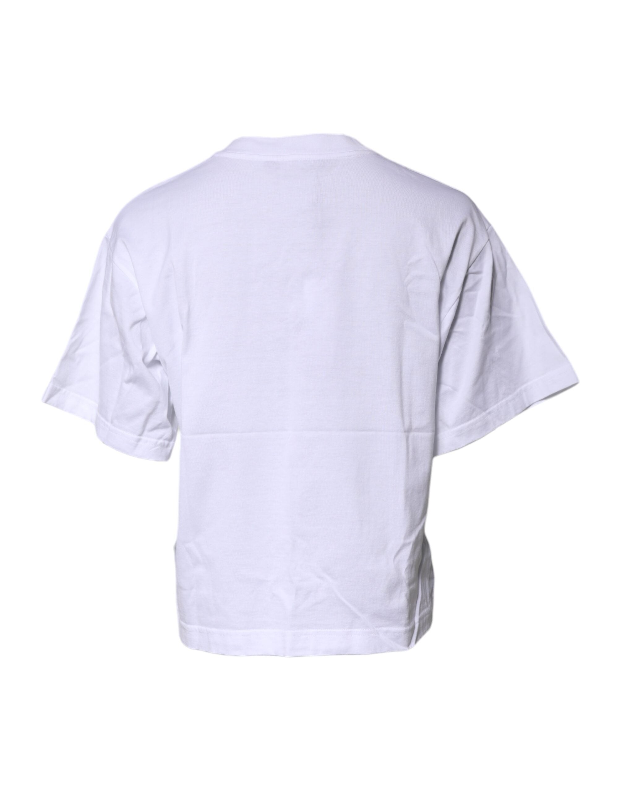 Dolce & Gabbana White Printed Round Neck Top Cotton T-shirt