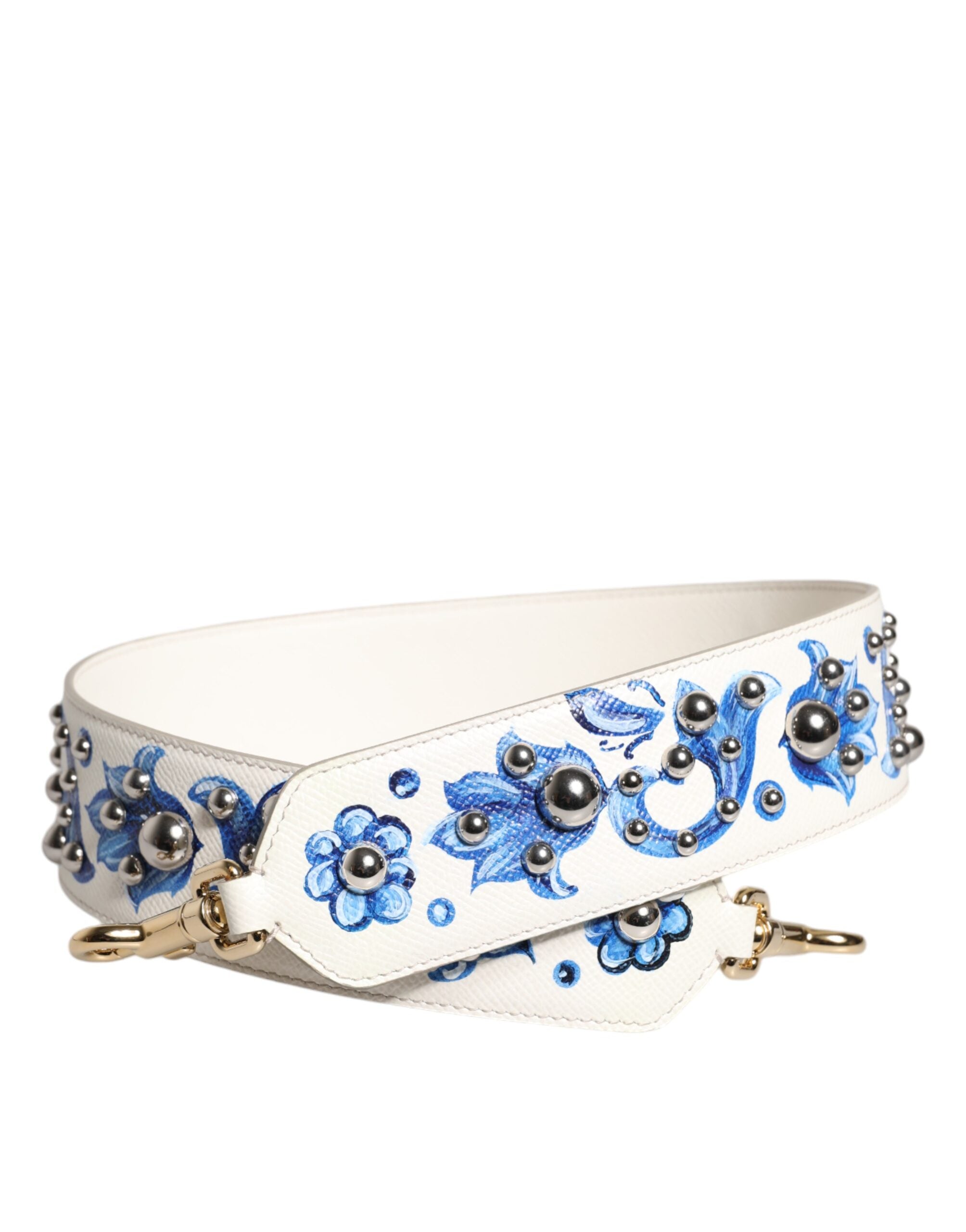Dolce & Gabbana White Blue Floral Leather Stud Shoulder Strap LUNESCAPE