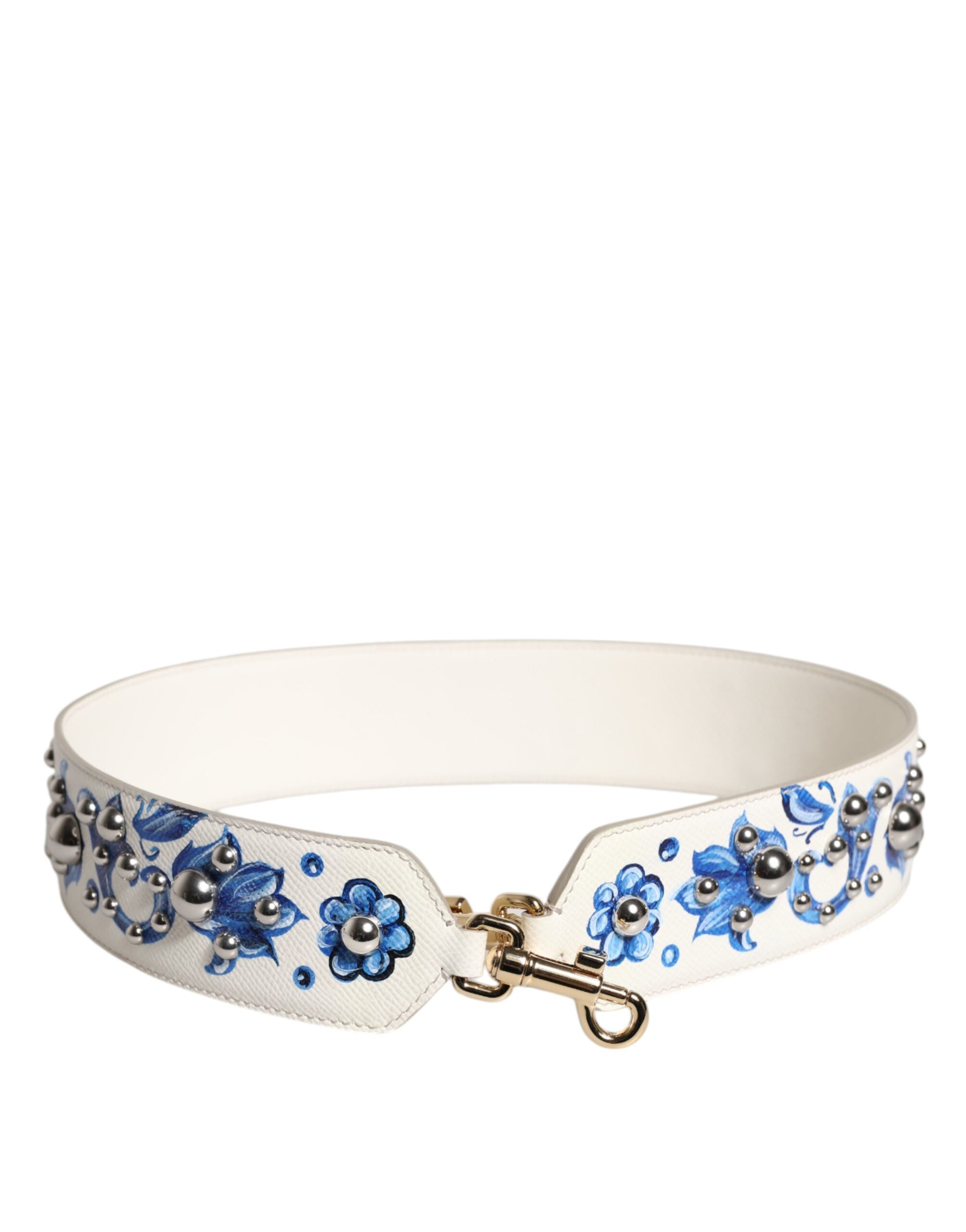 Dolce & Gabbana White Blue Floral Leather Stud Shoulder Strap LUNESCAPE