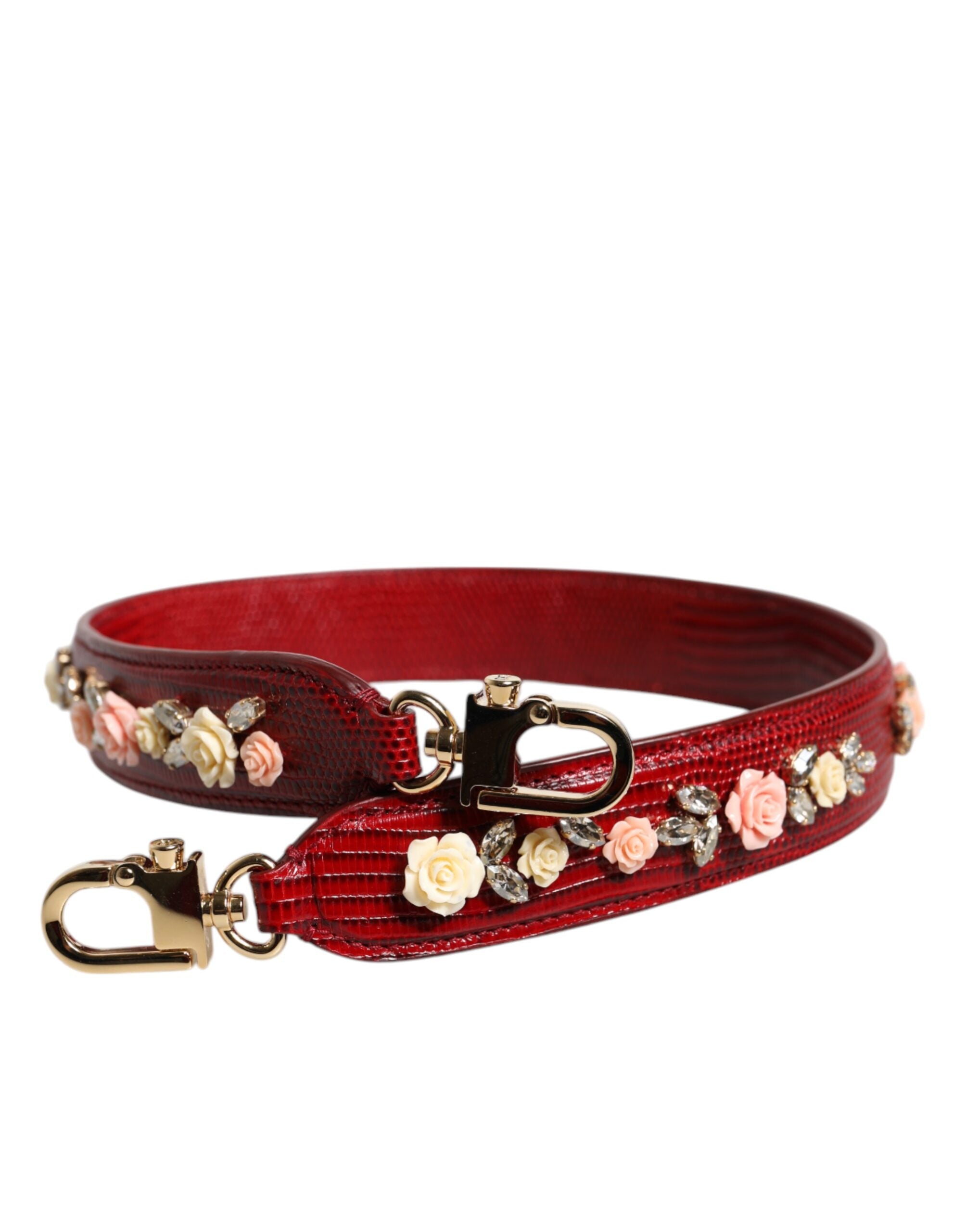 Dolce & Gabbana Red Leather Floral Embellish Bag Shoulder Strap LUNESCAPE