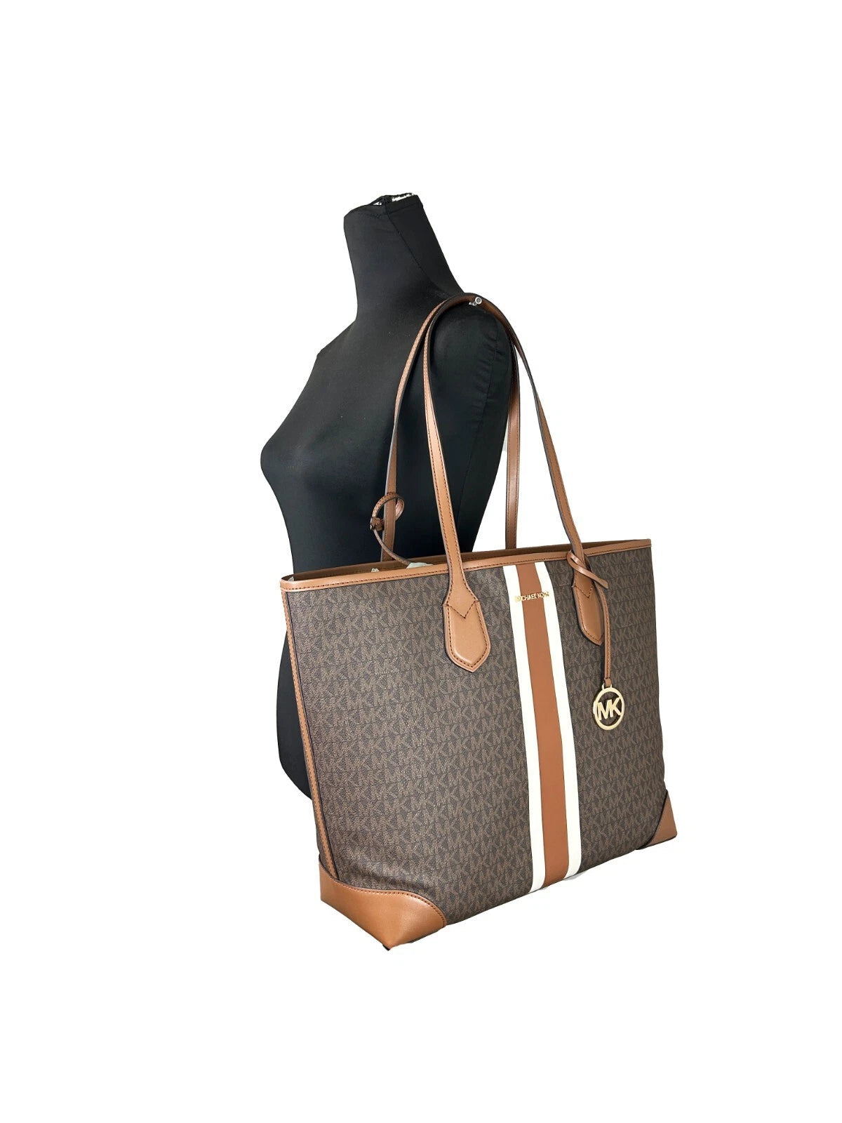 Michael Kors Eva Large Stripe Travel Tote Bag Plus Pouch in Brown LUNESCAPE
