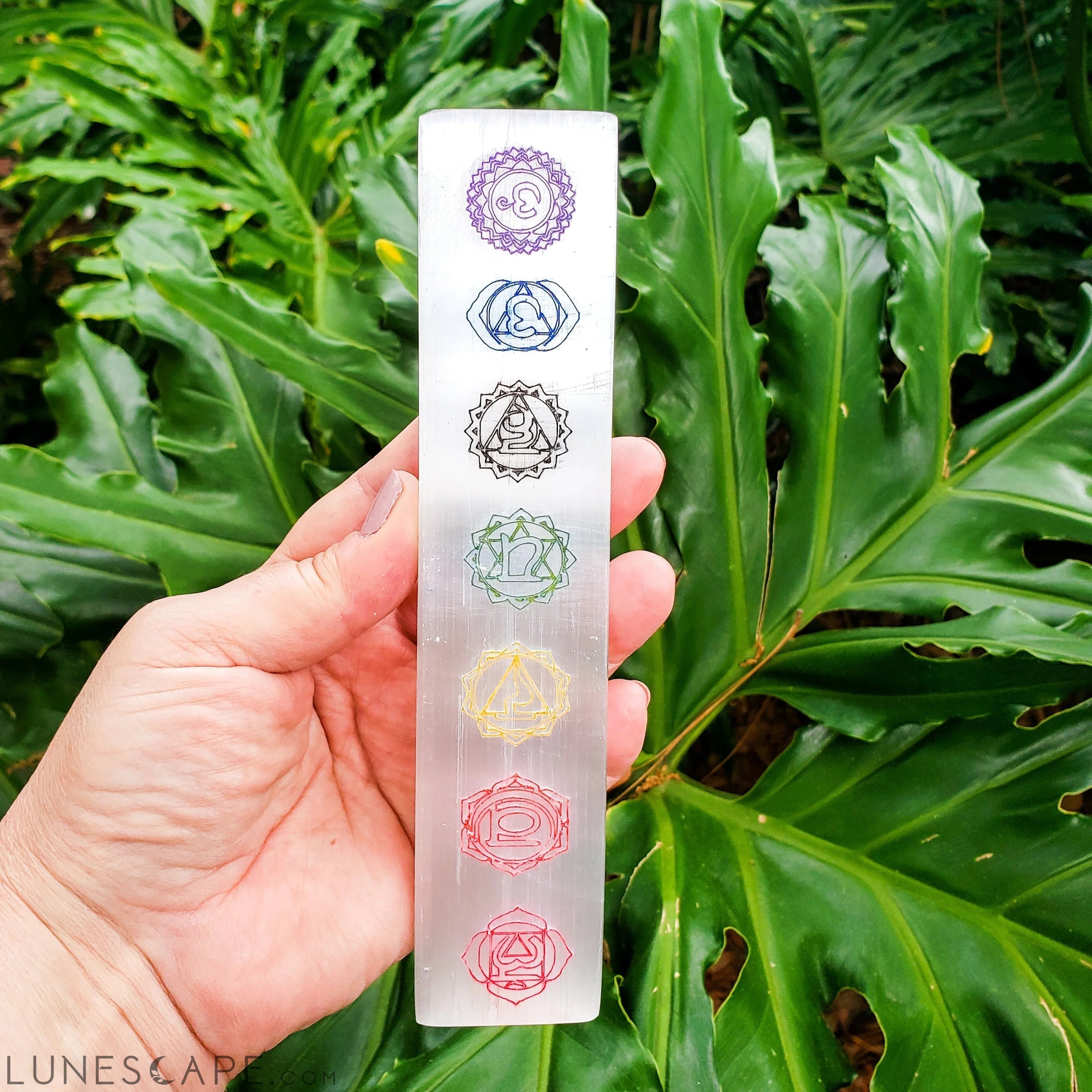 7 Chakras Color Laser Engraved Selenite Bar LUNESCAPE