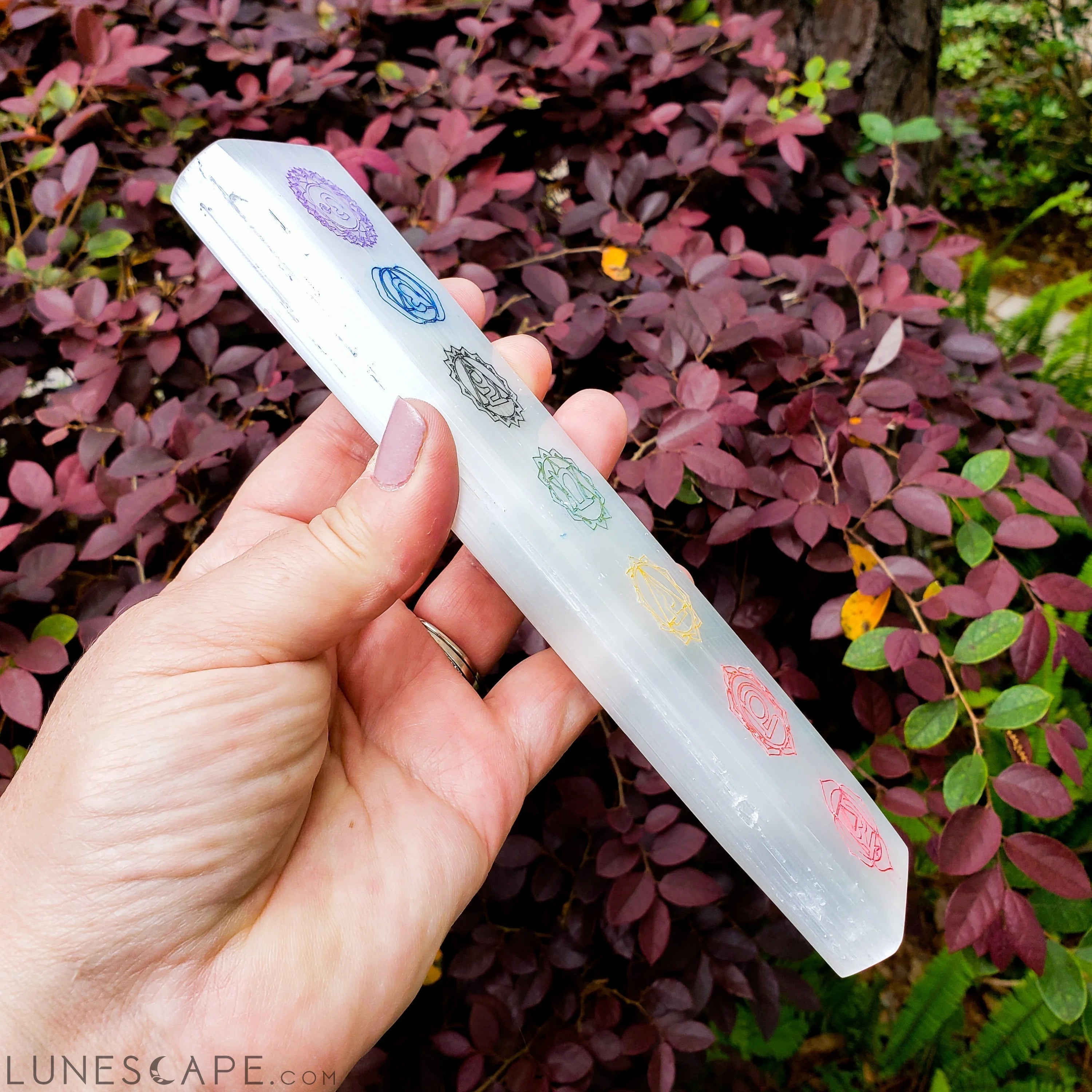 7 Chakras Color Laser Engraved Selenite Bar LUNESCAPE