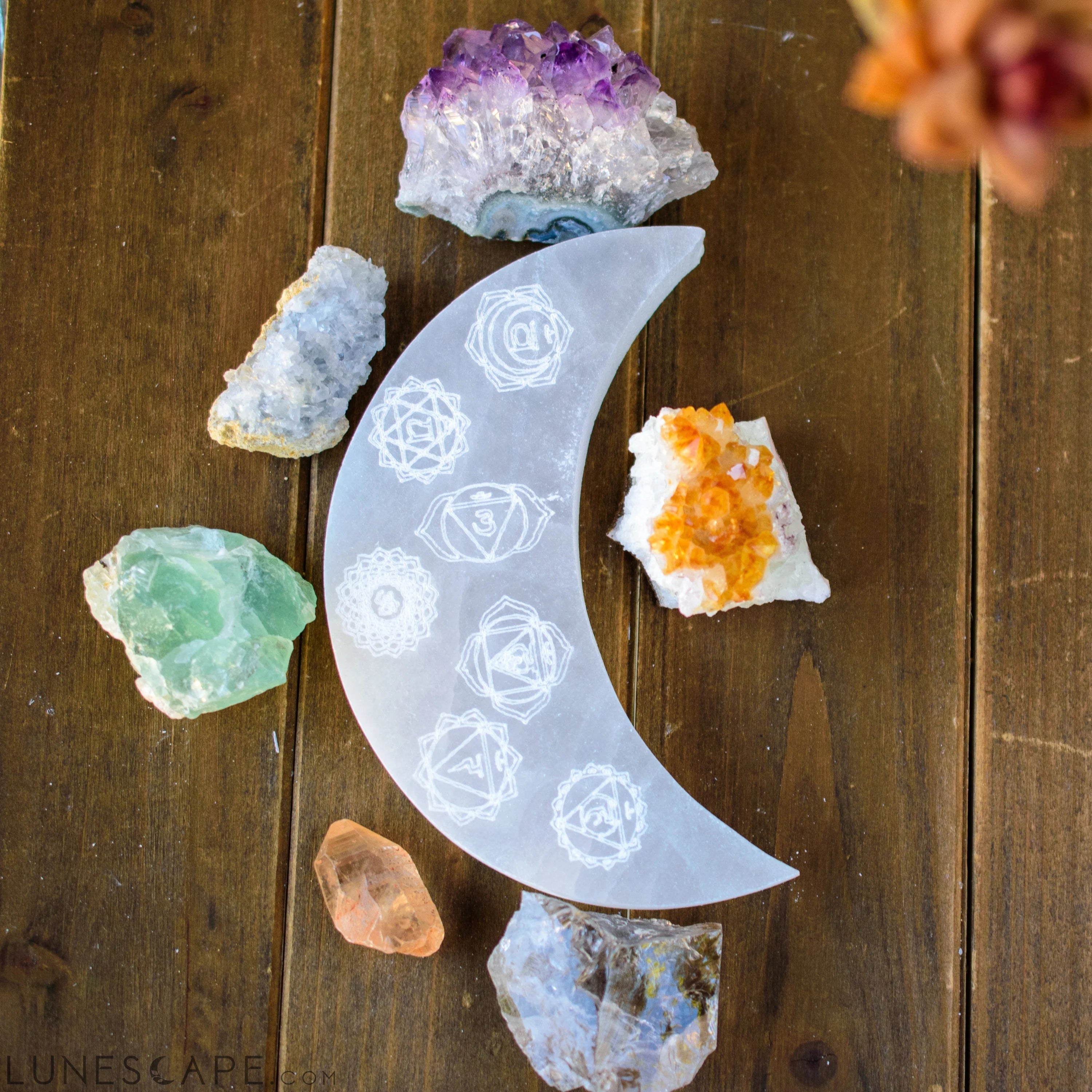 7 Chakras Engraved Crescent Moon Selenite Plate LUNESCAPE