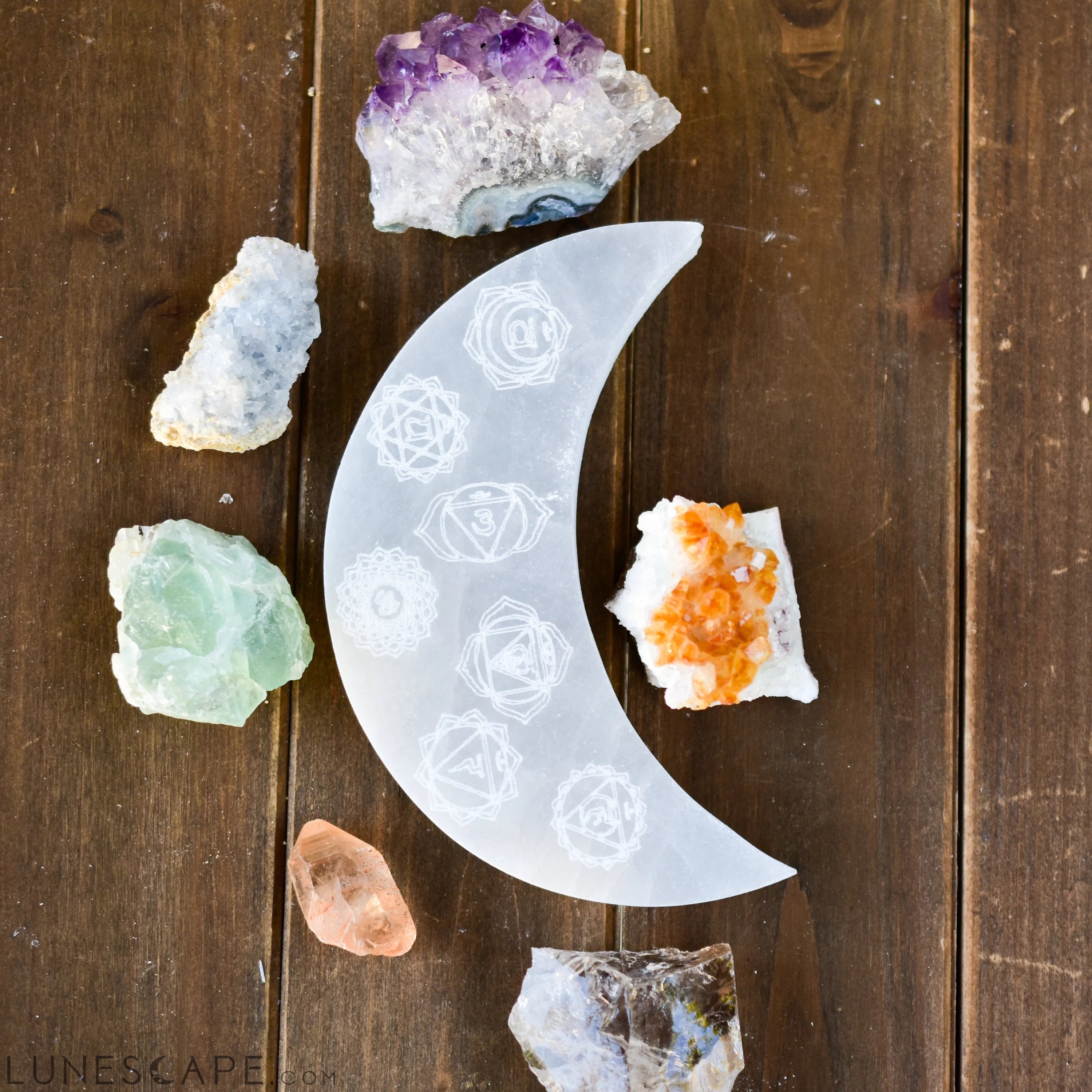 7 Chakras Engraved Crescent Moon Selenite Plate LUNESCAPE