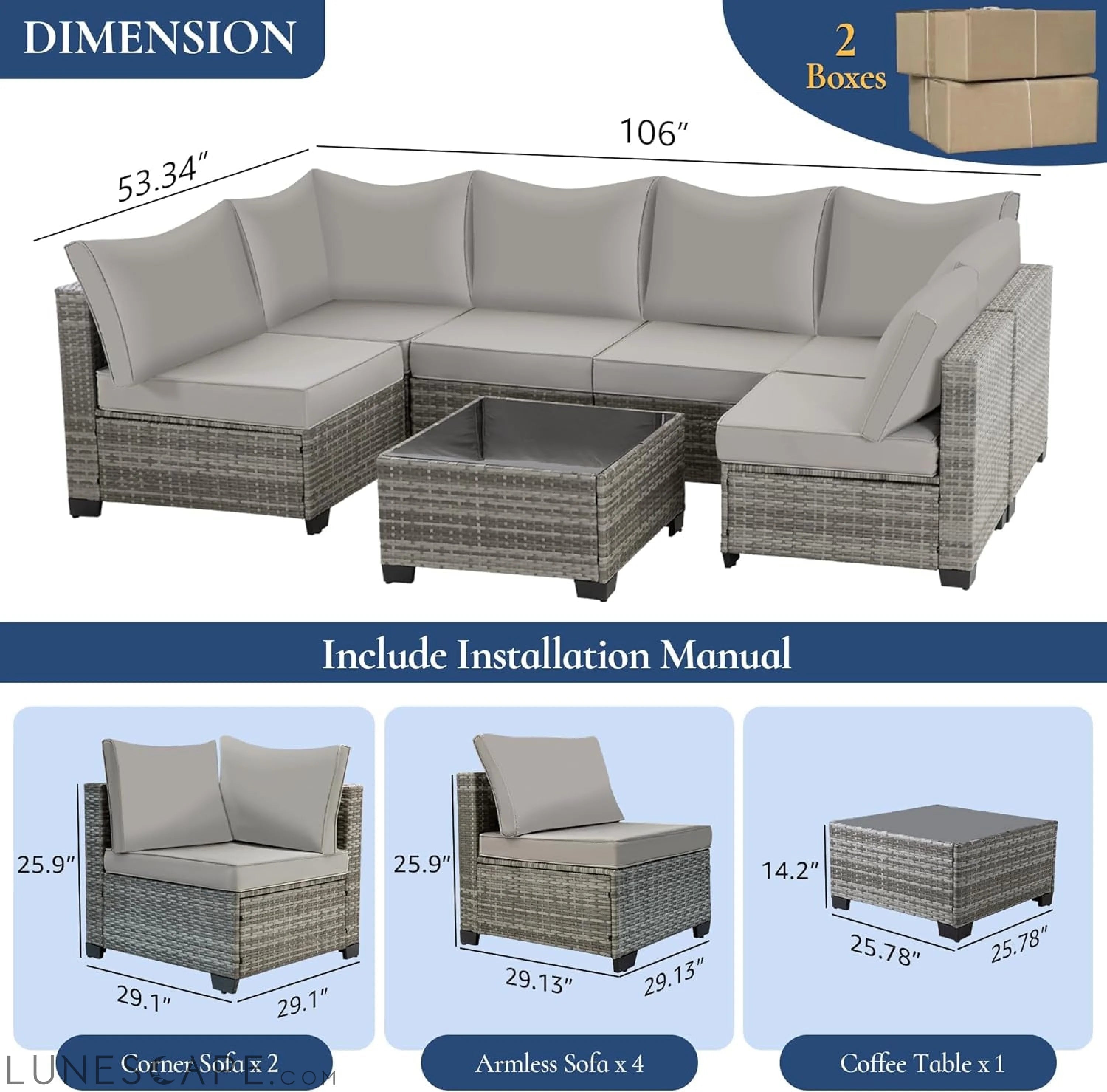 7 Pieces Outdoor Patio Furniture Set, Wicker Sectional Sofa Set Rattan LUNESCAPE