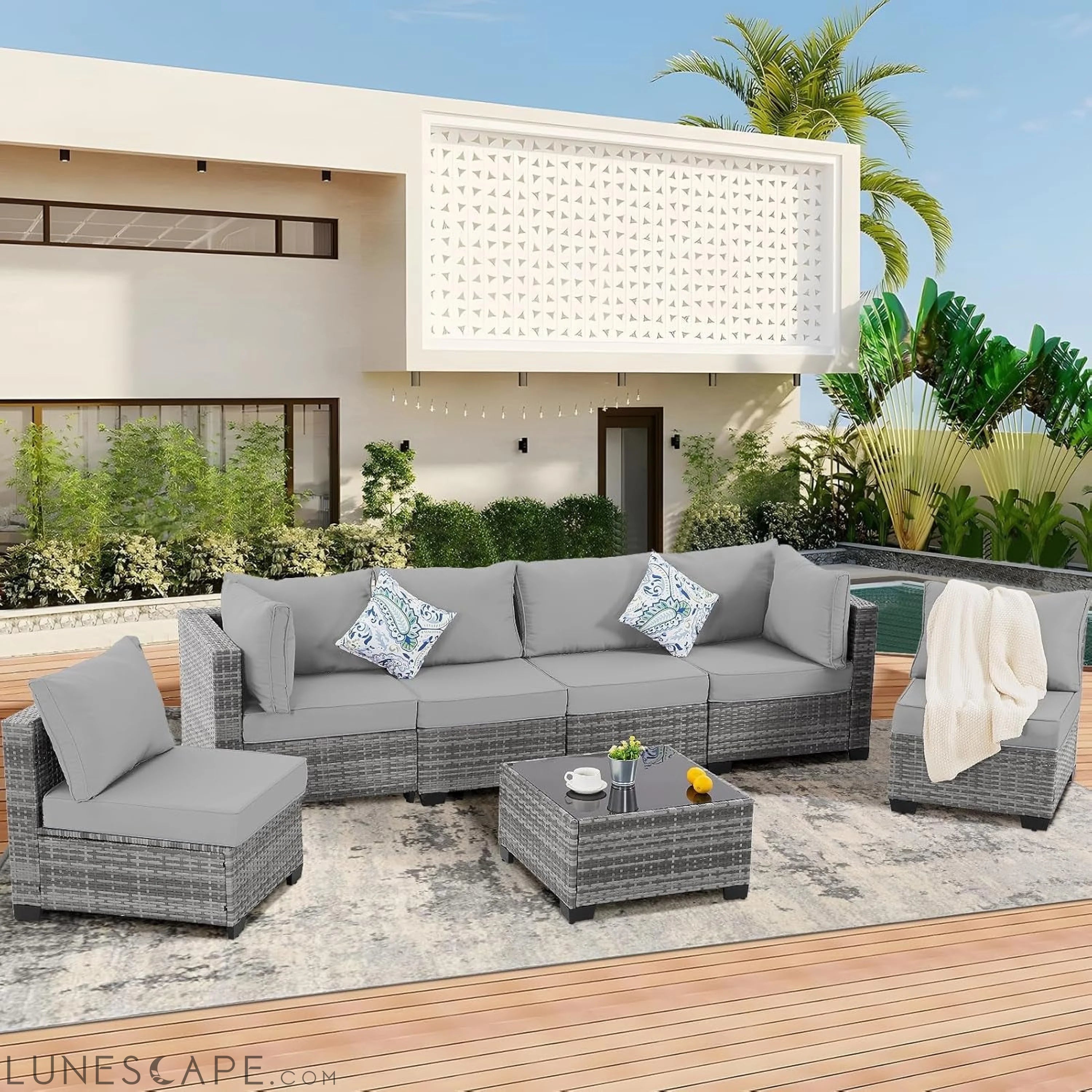 7 Pieces Outdoor Patio Furniture Set, Wicker Sectional Sofa Set Rattan LUNESCAPE