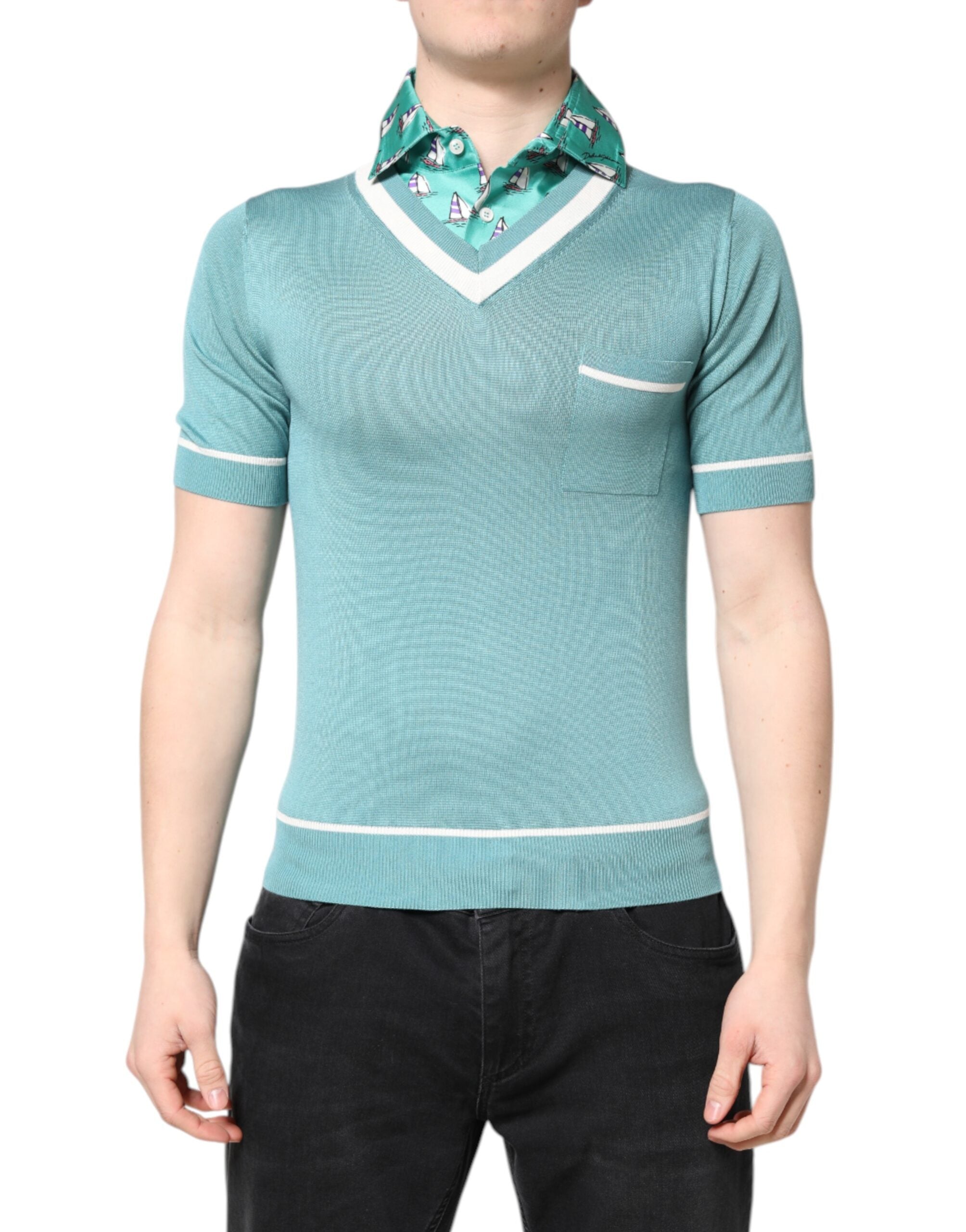 Dolce & Gabbana Green Printed Collared Short Sleeve T-shirt LUNESCAPE