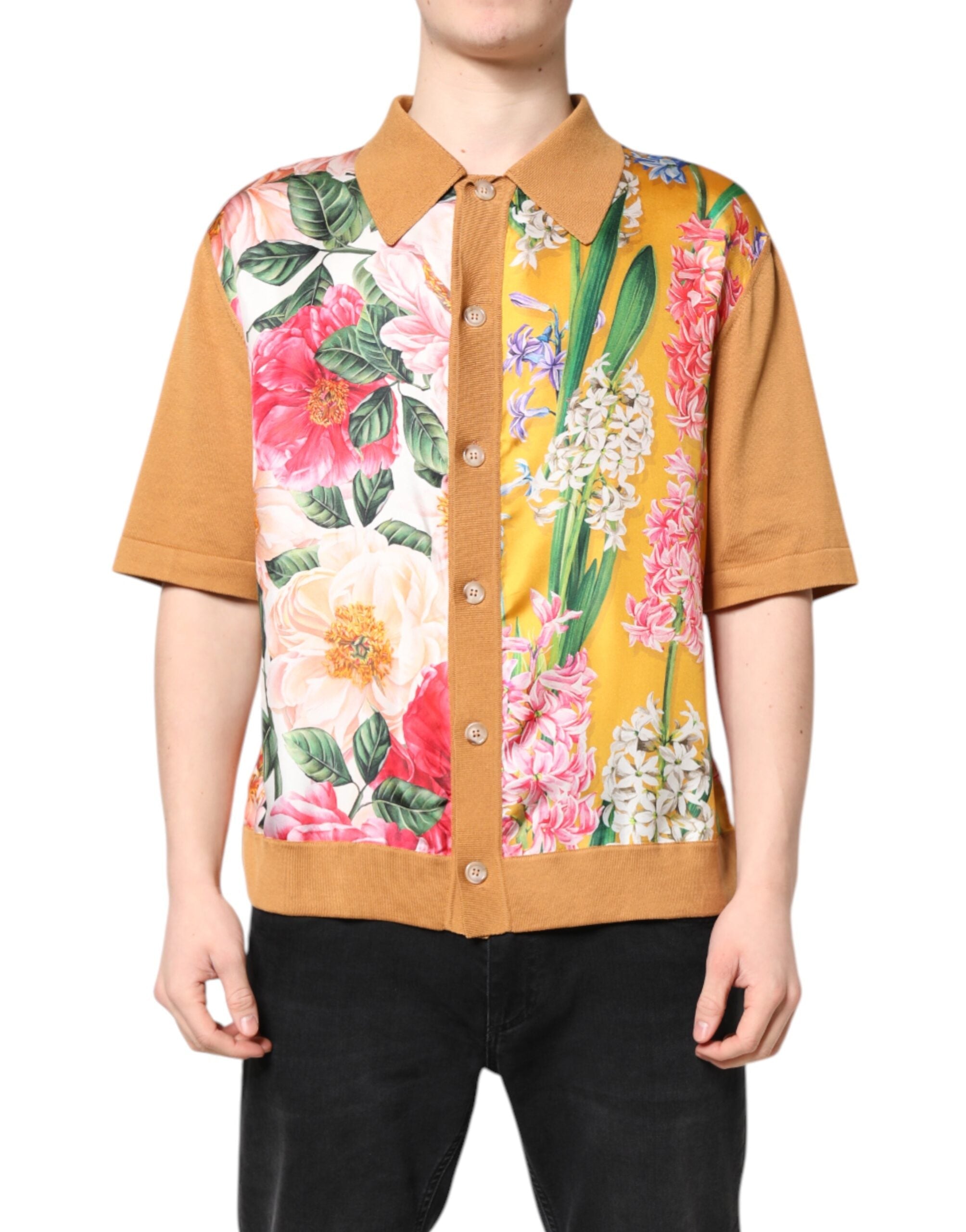 Dolce & Gabbana Brown Floral Collared Short Sleeve T-shirt LUNESCAPE