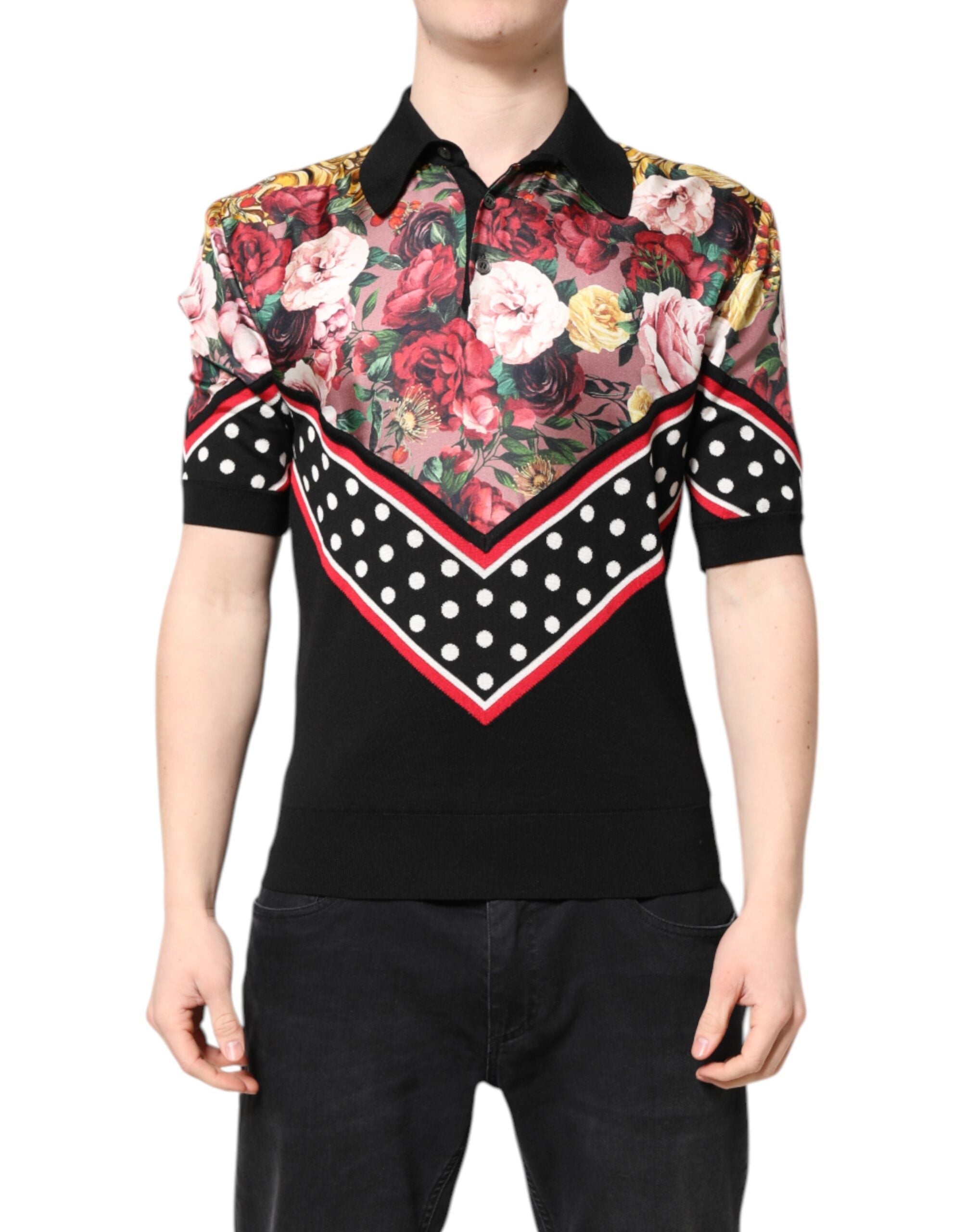 Dolce & Gabbana Black Floral Collared Short Sleeve T-shirt LUNESCAPE