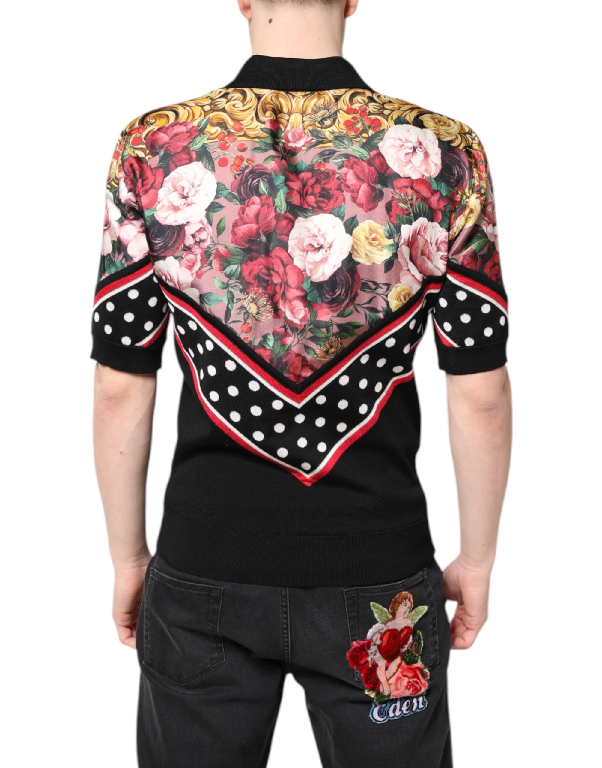 Dolce & Gabbana Black Floral Collared Short Sleeve T-shirt LUNESCAPE