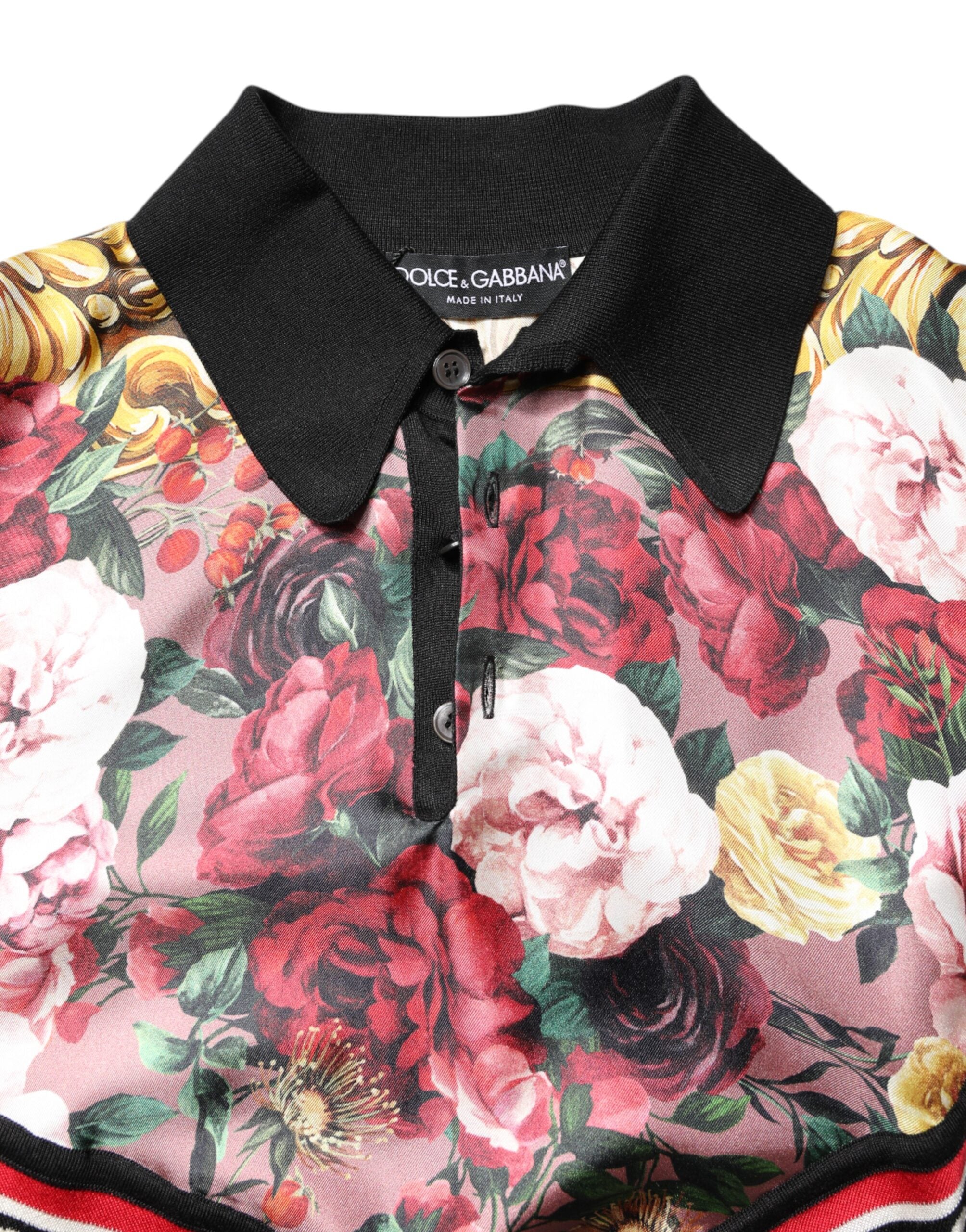 Dolce & Gabbana Black Floral Collared Short Sleeve T-shirt LUNESCAPE