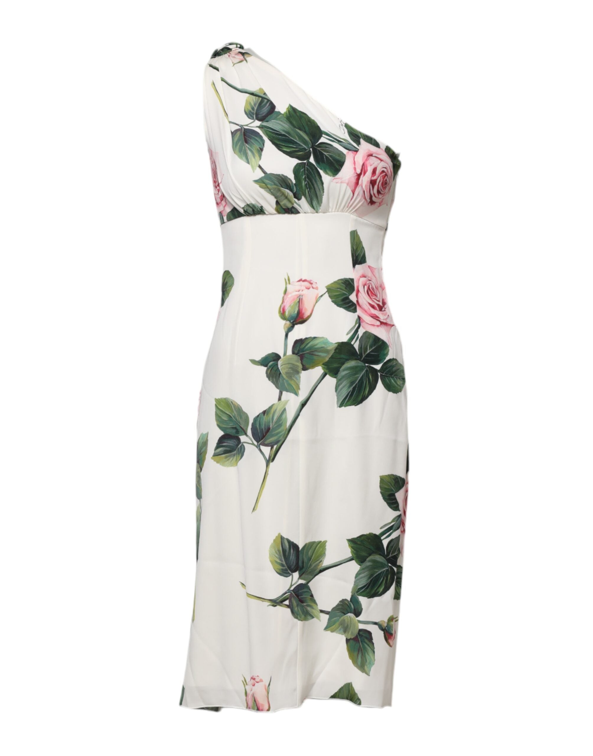 Dolce & Gabbana White Floral Pink Rose One Shoulder Sheath Knee Length Dress LUNESCAPE