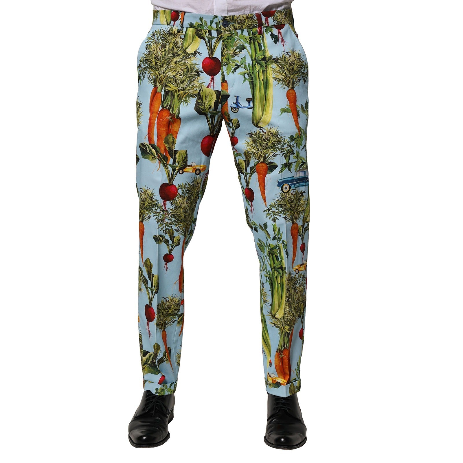 Dolce & Gabbana Turquoise Cotton Tapered Men Veggie Motif Pants LUNESCAPE